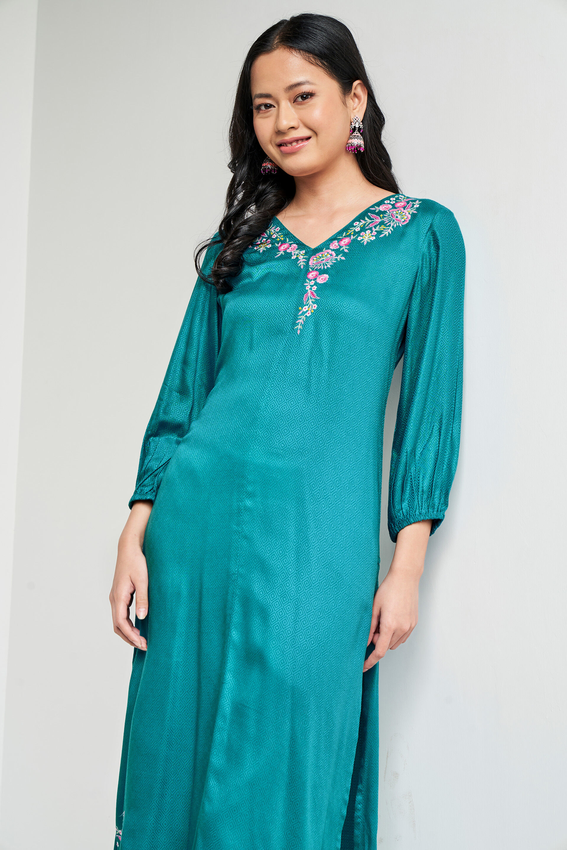 Teal Ethnic Motifs Straight Kurta, Teal, image 5