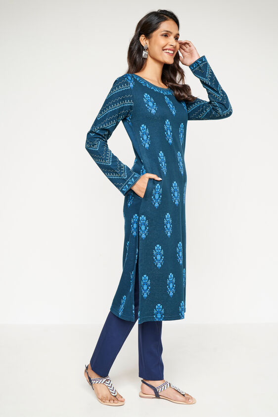 Blue Jacquard Straight Slip-On Kurta, Blue, image 4