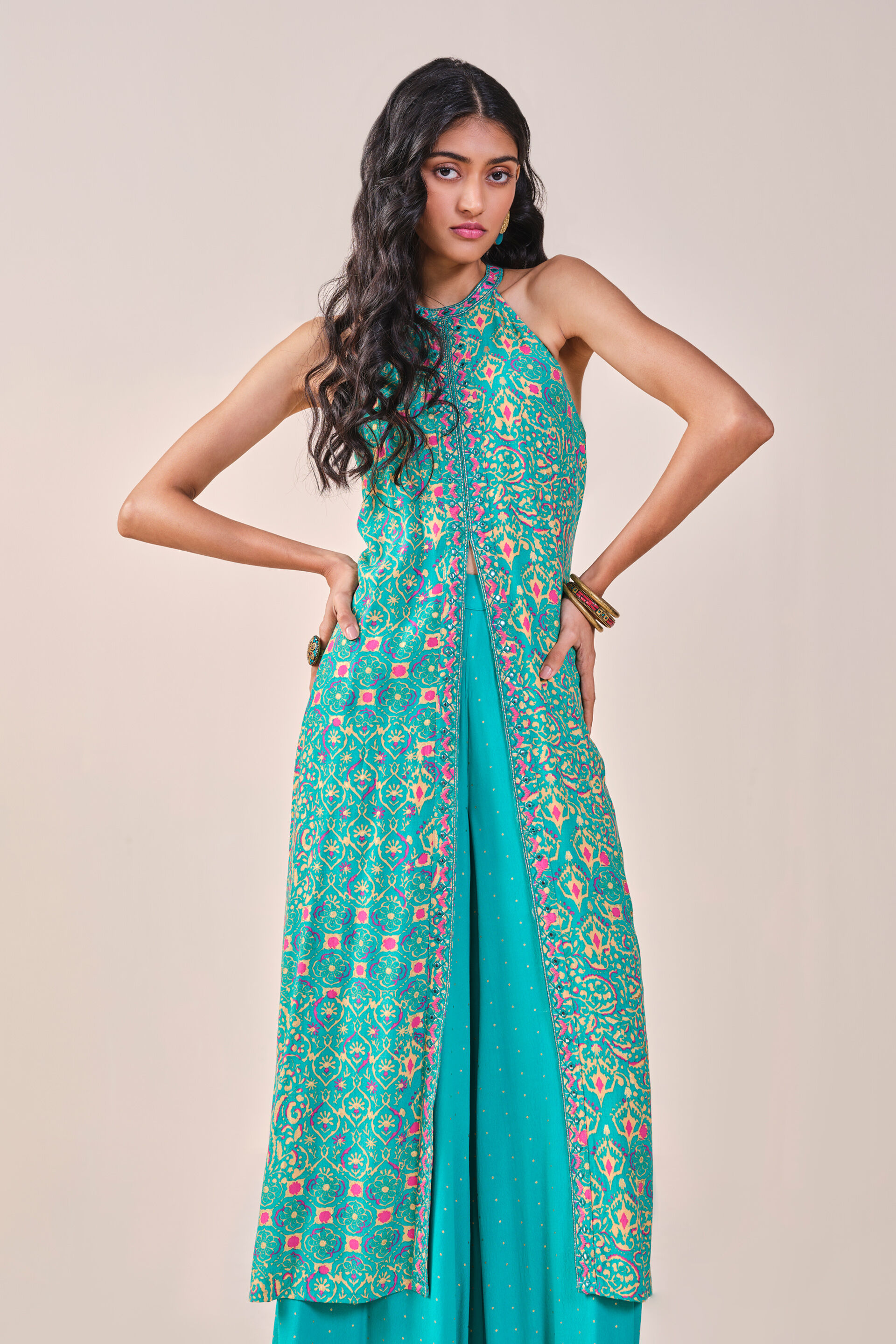 Teal Festive Embroidered Ikat inspired Viscose Kurta set, Teal, image 9