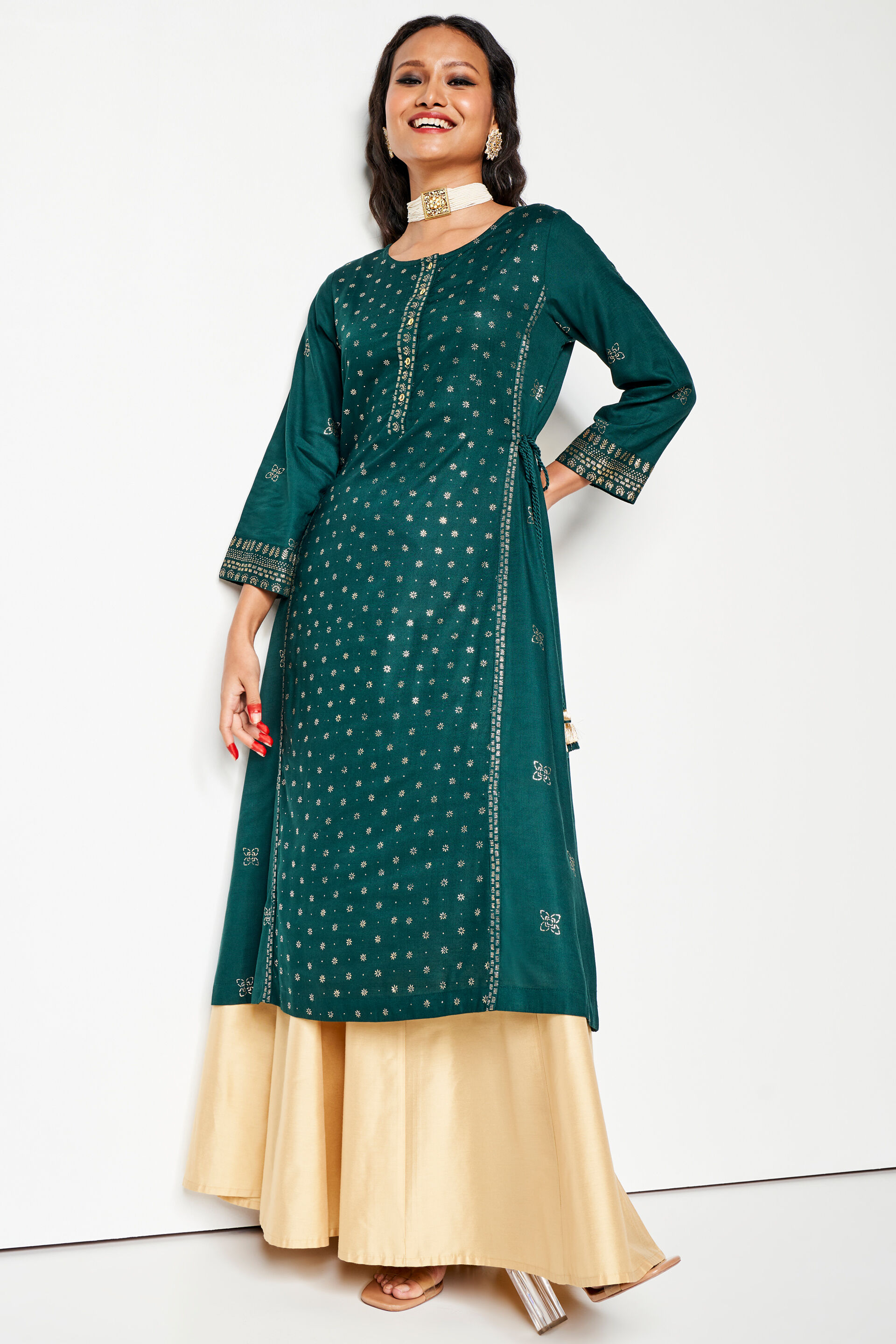 Green Ethnic Motifs Straight Kurta, Green, image 3