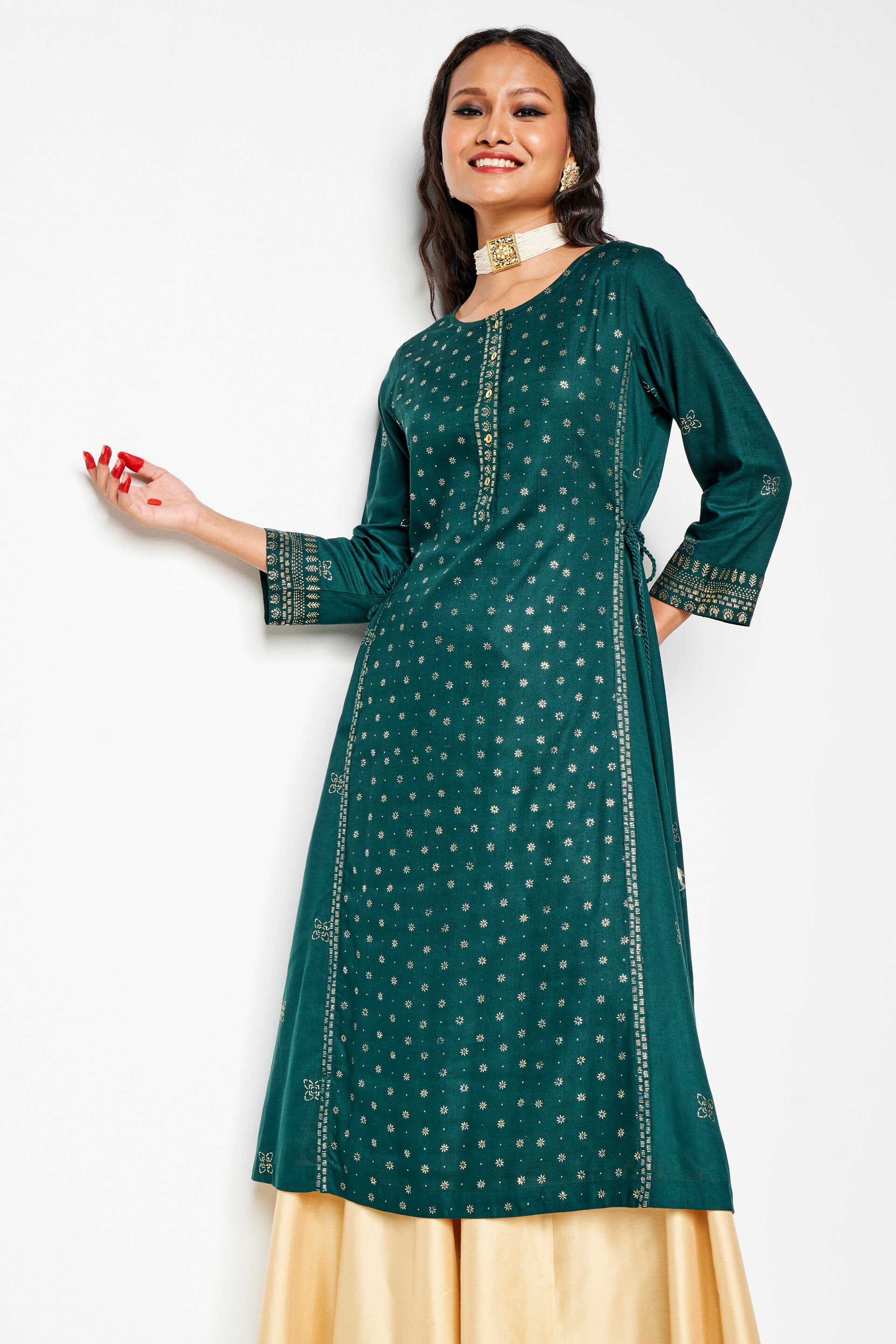 Green Ethnic Motifs Straight Kurta, Green, image 2