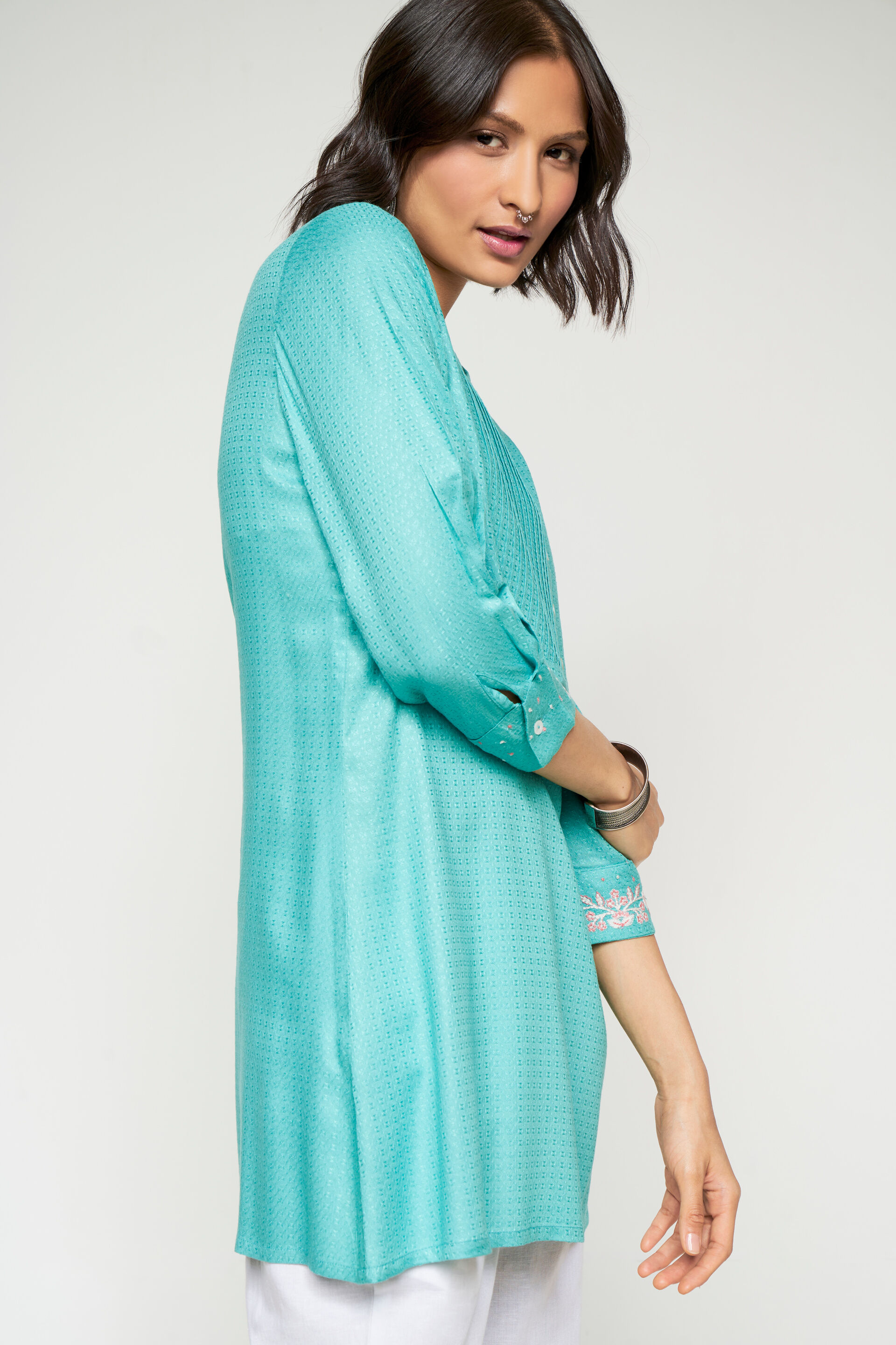 Green Solid Gathered Straight Tunic, Lime Green, image 3