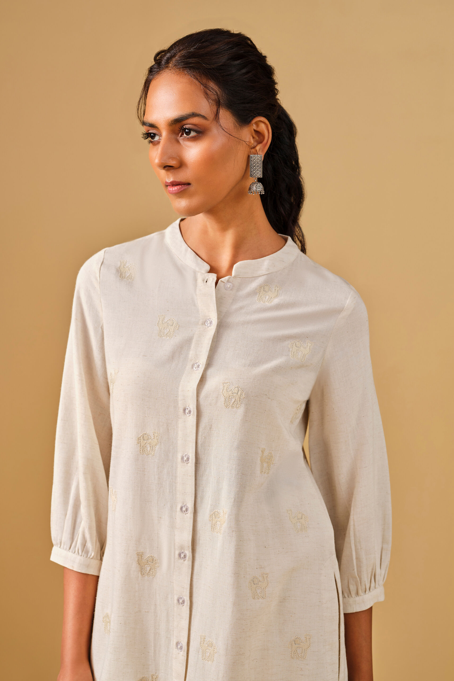 Embroidered Mandarin Collar Viscose Blend Natural Kurta Set, Natural, image 6
