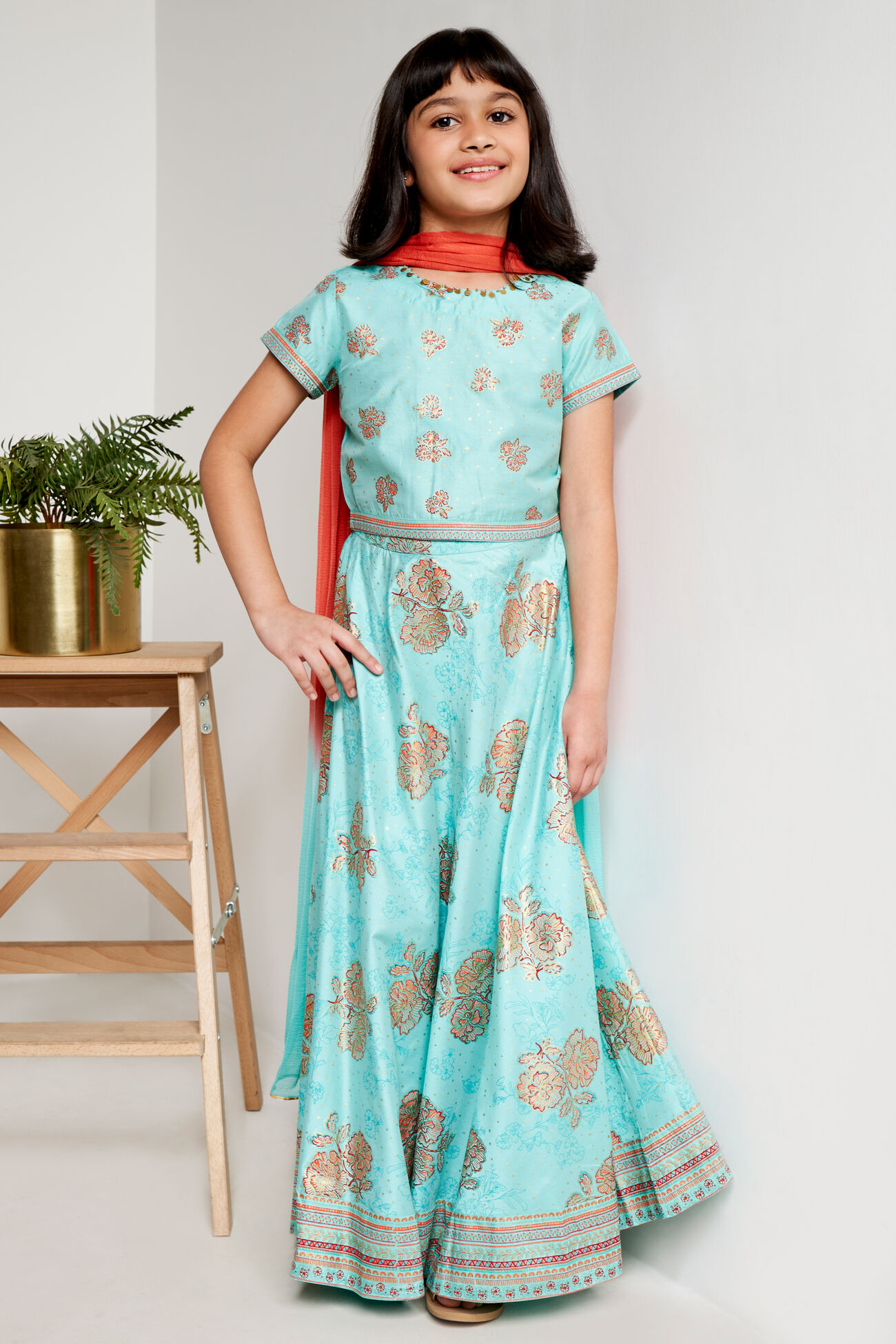 Light Blue Ethnic Motifs Cropped Set, Light Blue, image 1