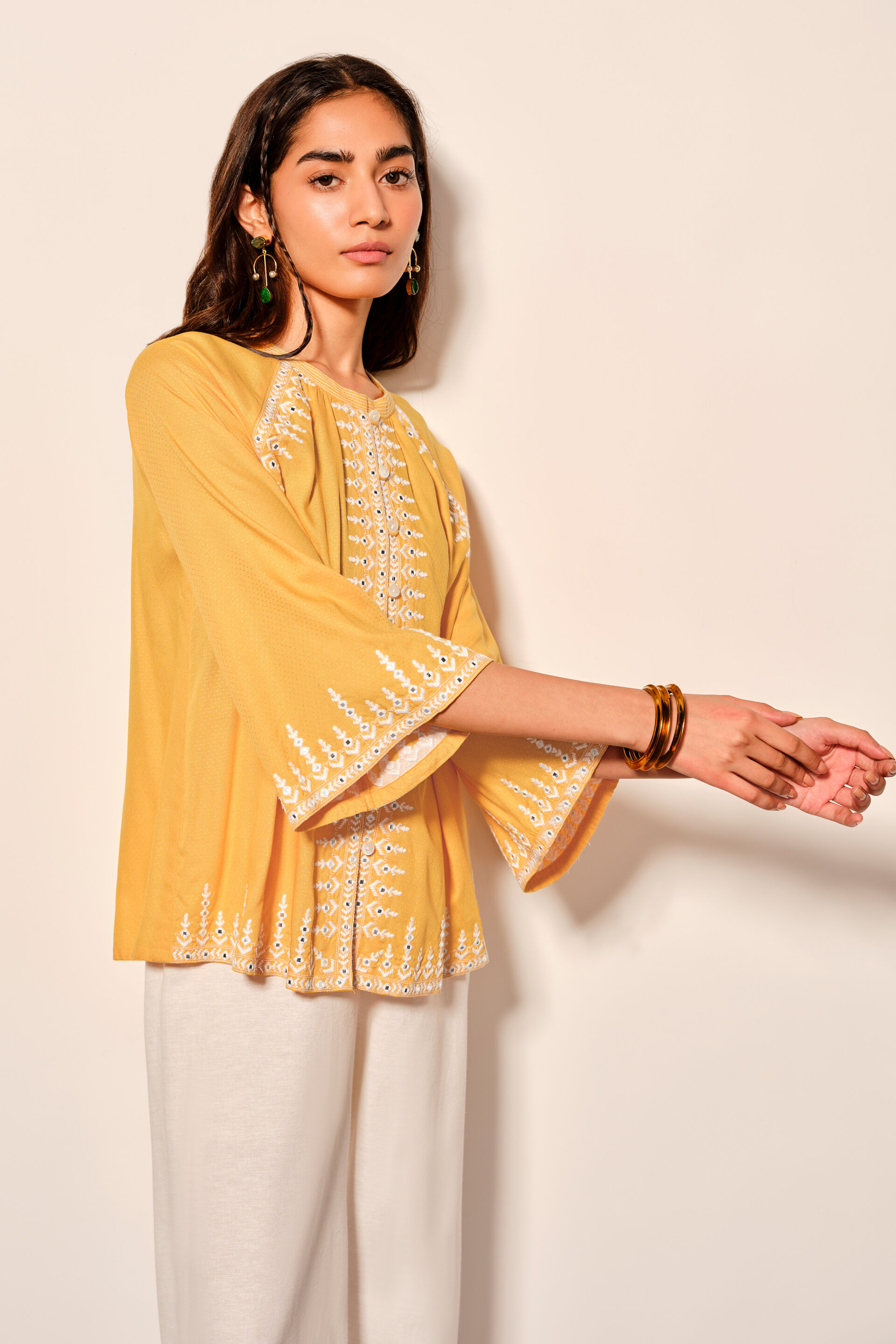 Mustard Viscose Front-Open Top, Yellow, image 4
