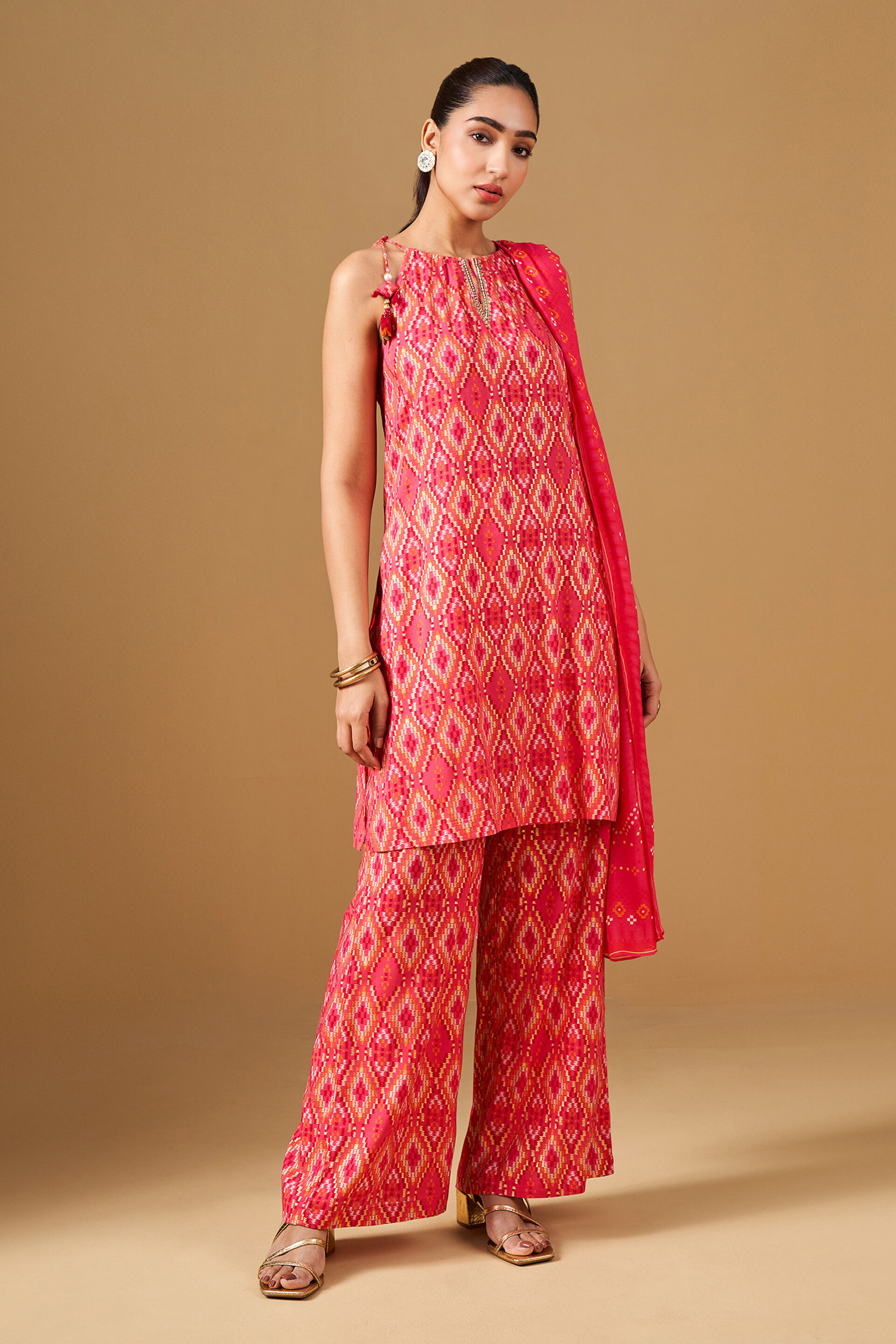 Pink Geometric Print Viscose Kurta Set, Pink, image 3