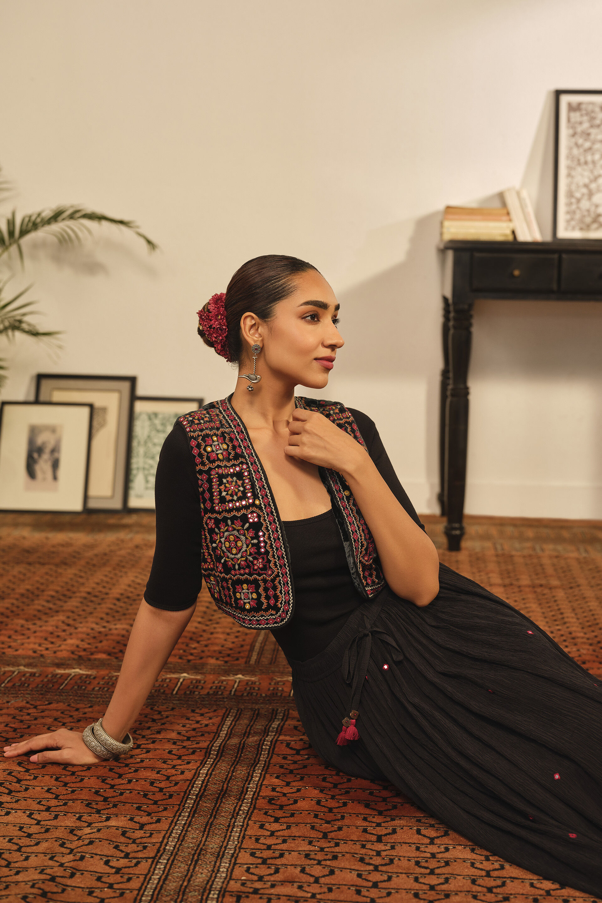 Embroidered Velvet Waistcoat in Black, Black, image 3
