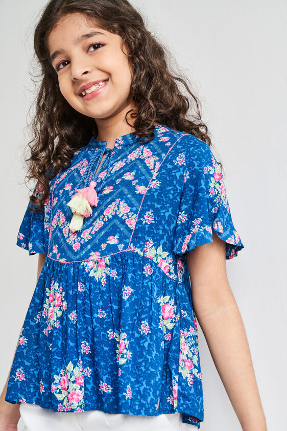 Blue Floral Casual Top, Blue, image 1