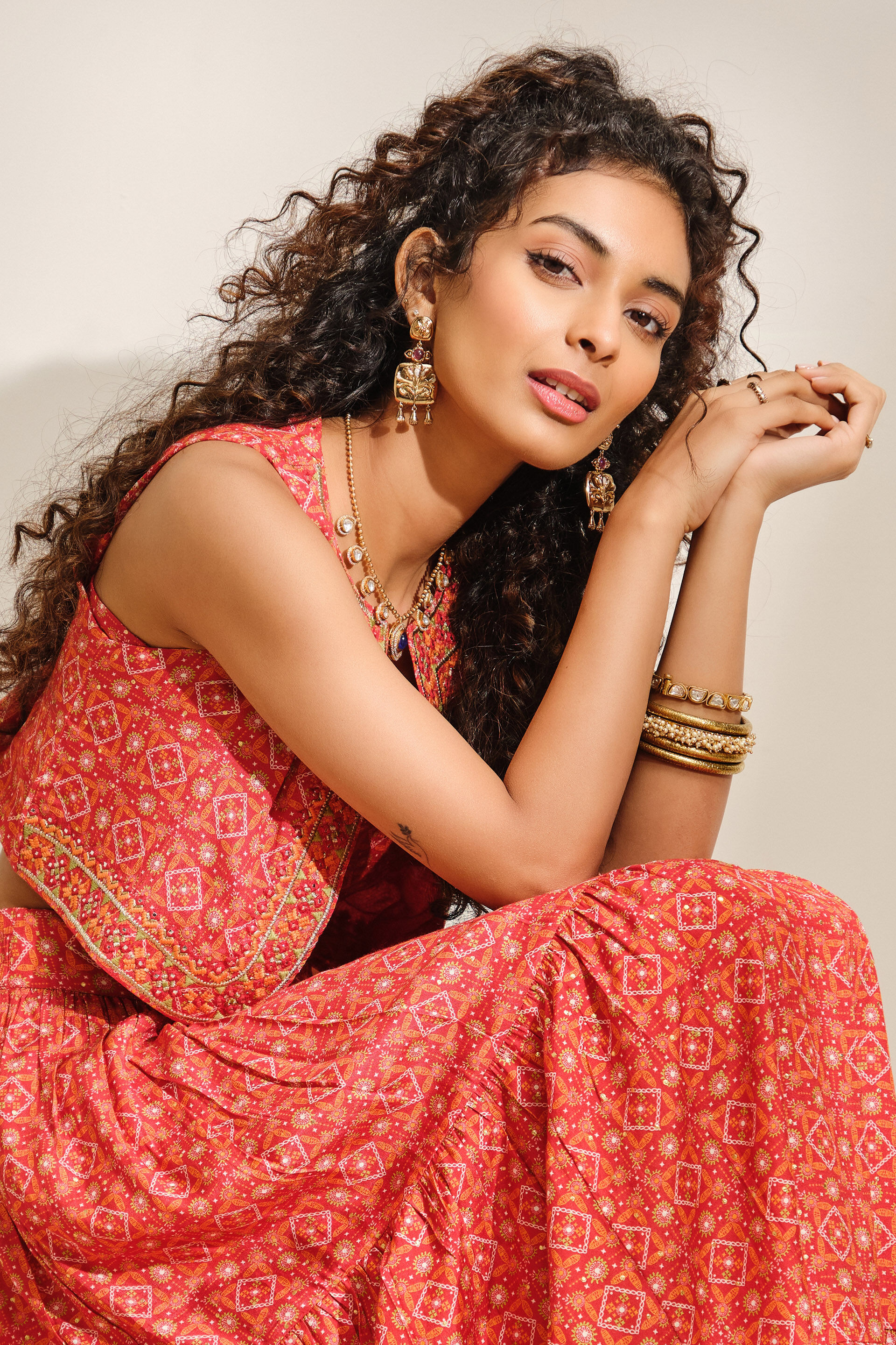 Pariha Coral Orange Skirt Set, Red, image 5