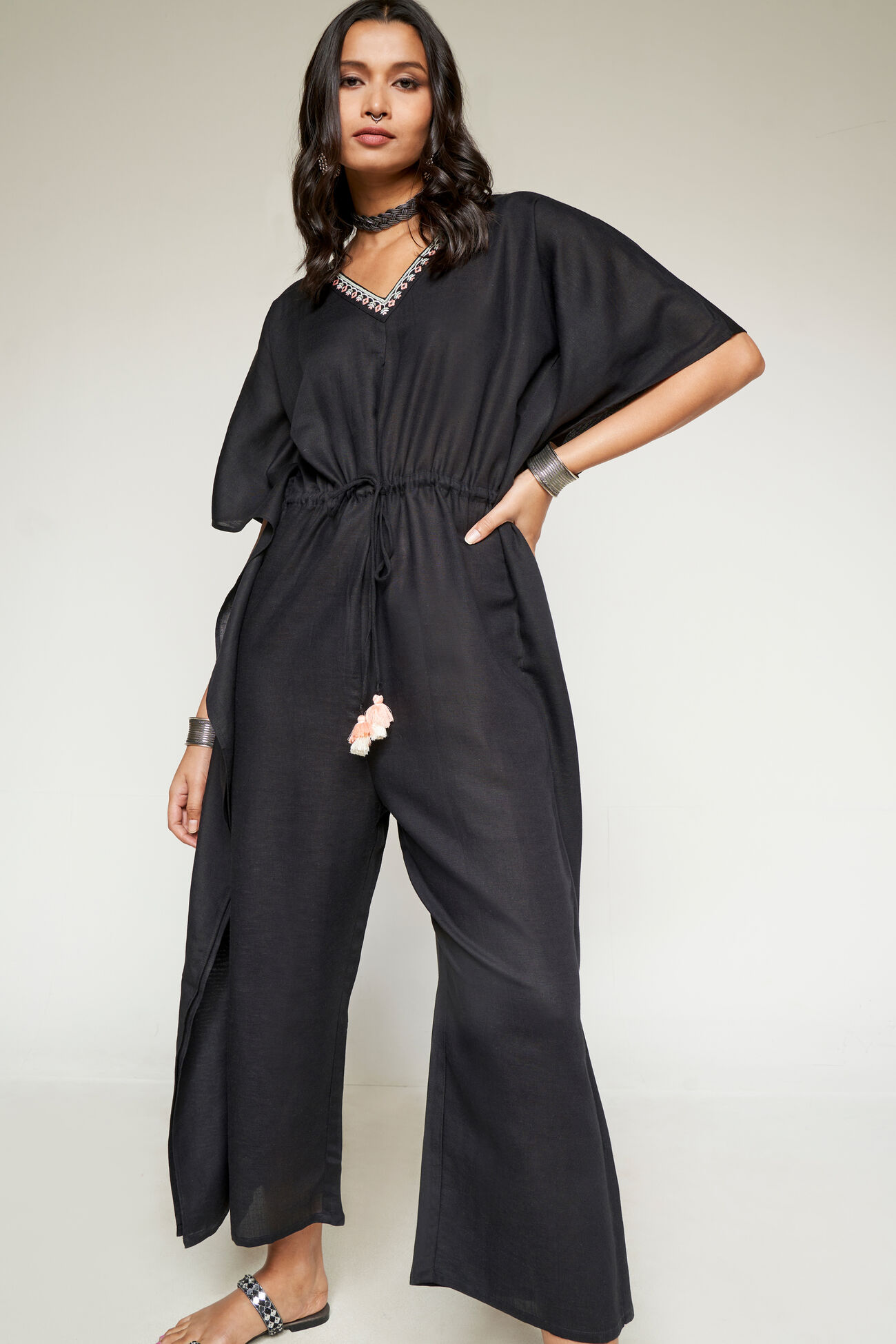 Buy our Casual Wear Black Solid Embroidered Straight Jumpsuit online f