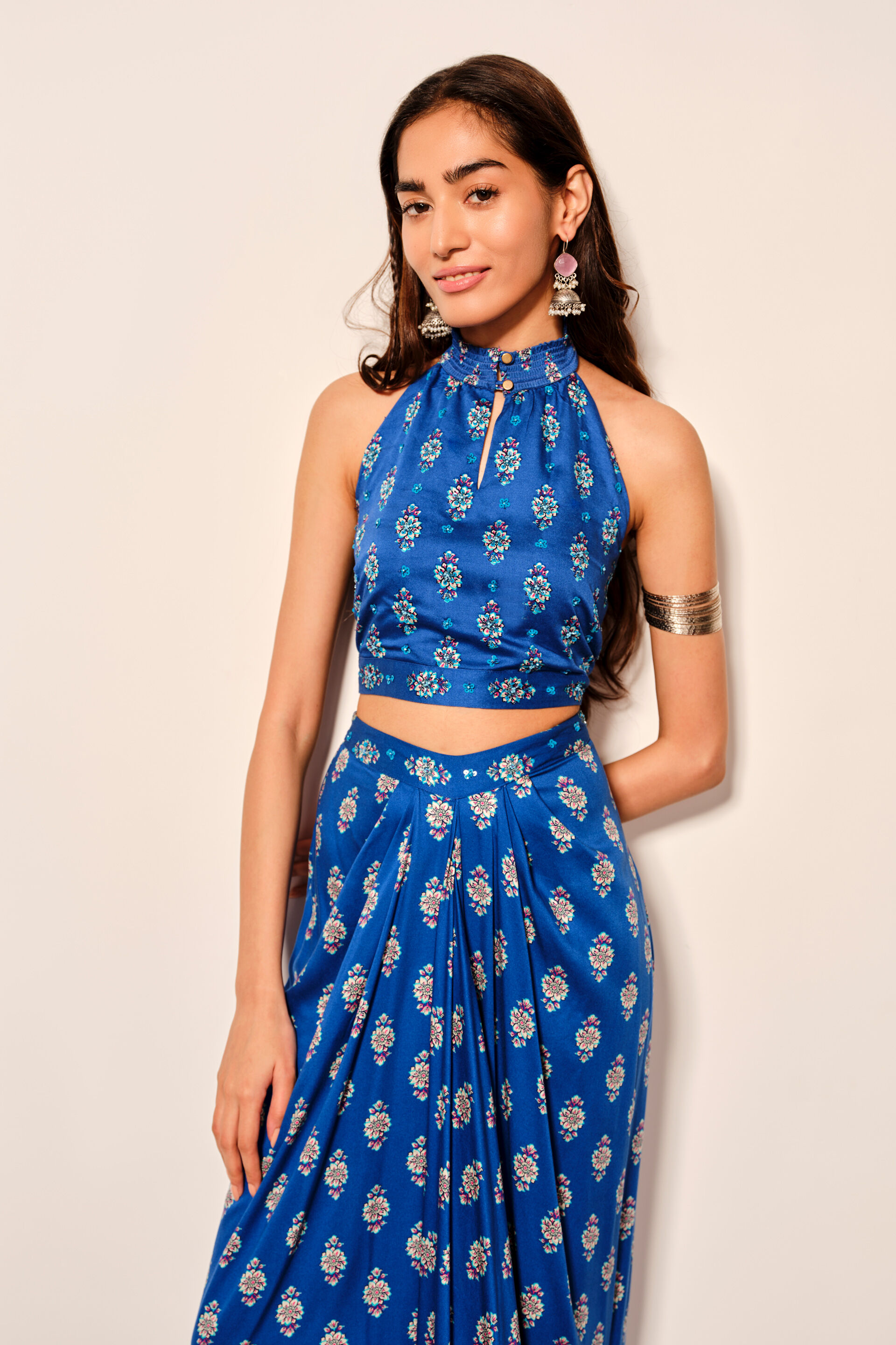 Buy Blue Viscose Draped Skirt & Halter Top Set Online for