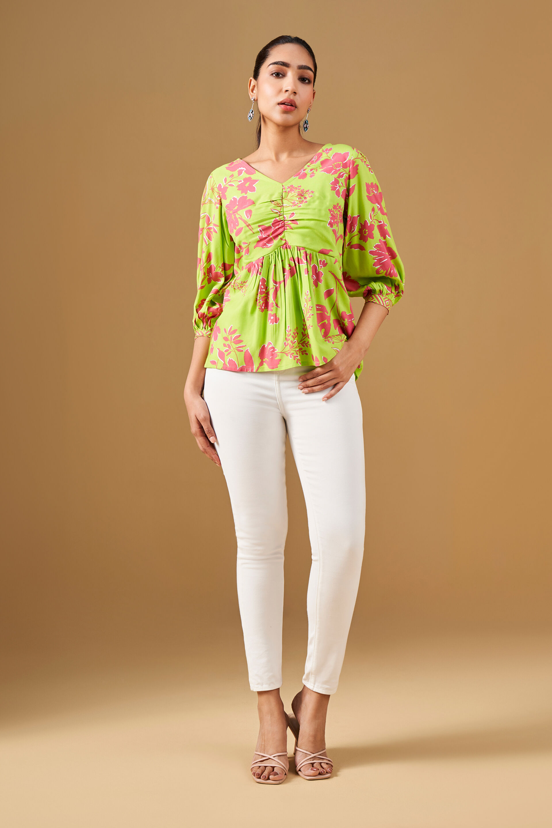 Bright Florals Viscose Peplum Top, Lime Green, image 2