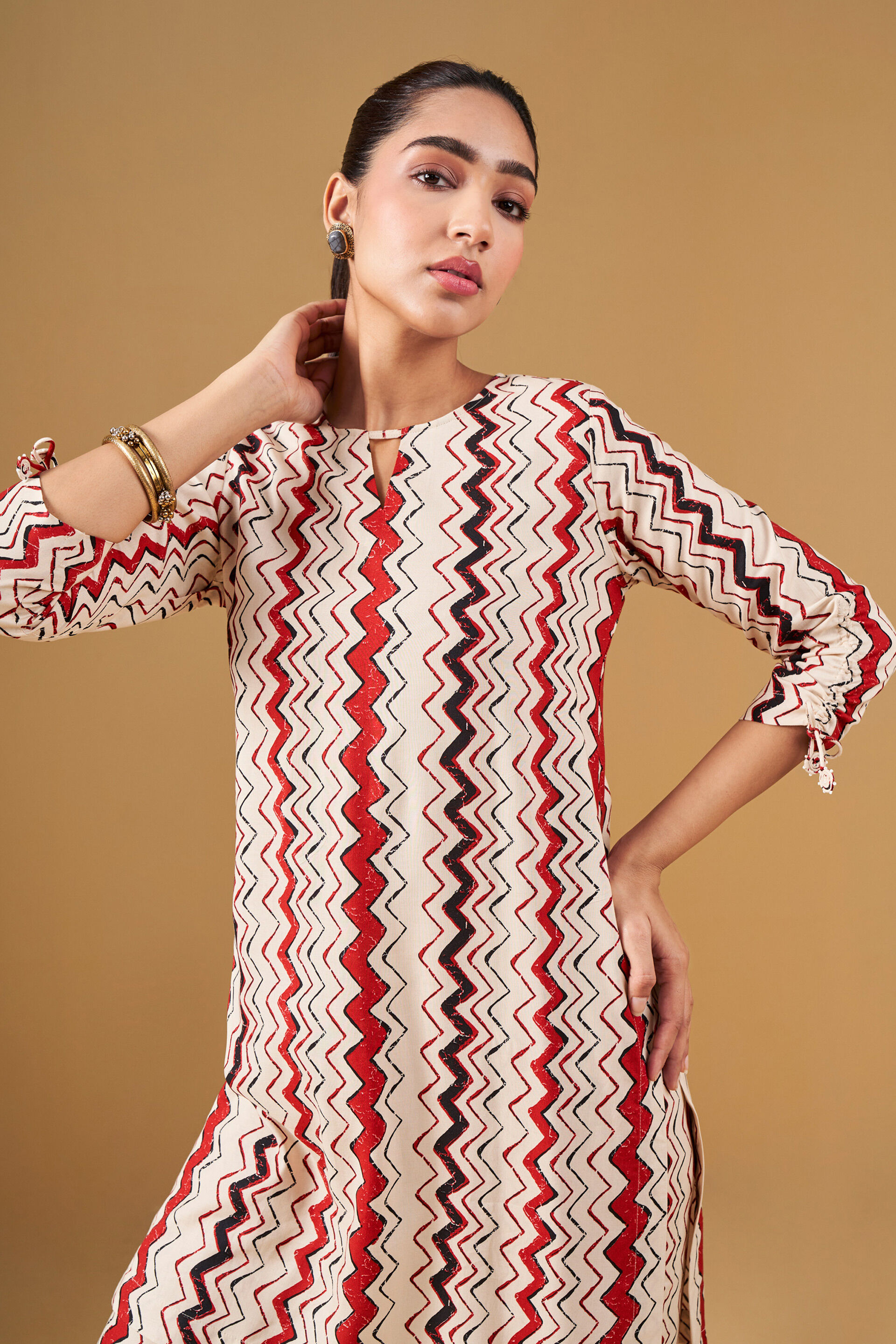 Geometric Print Viscose Kurta Set, Off White, image 2