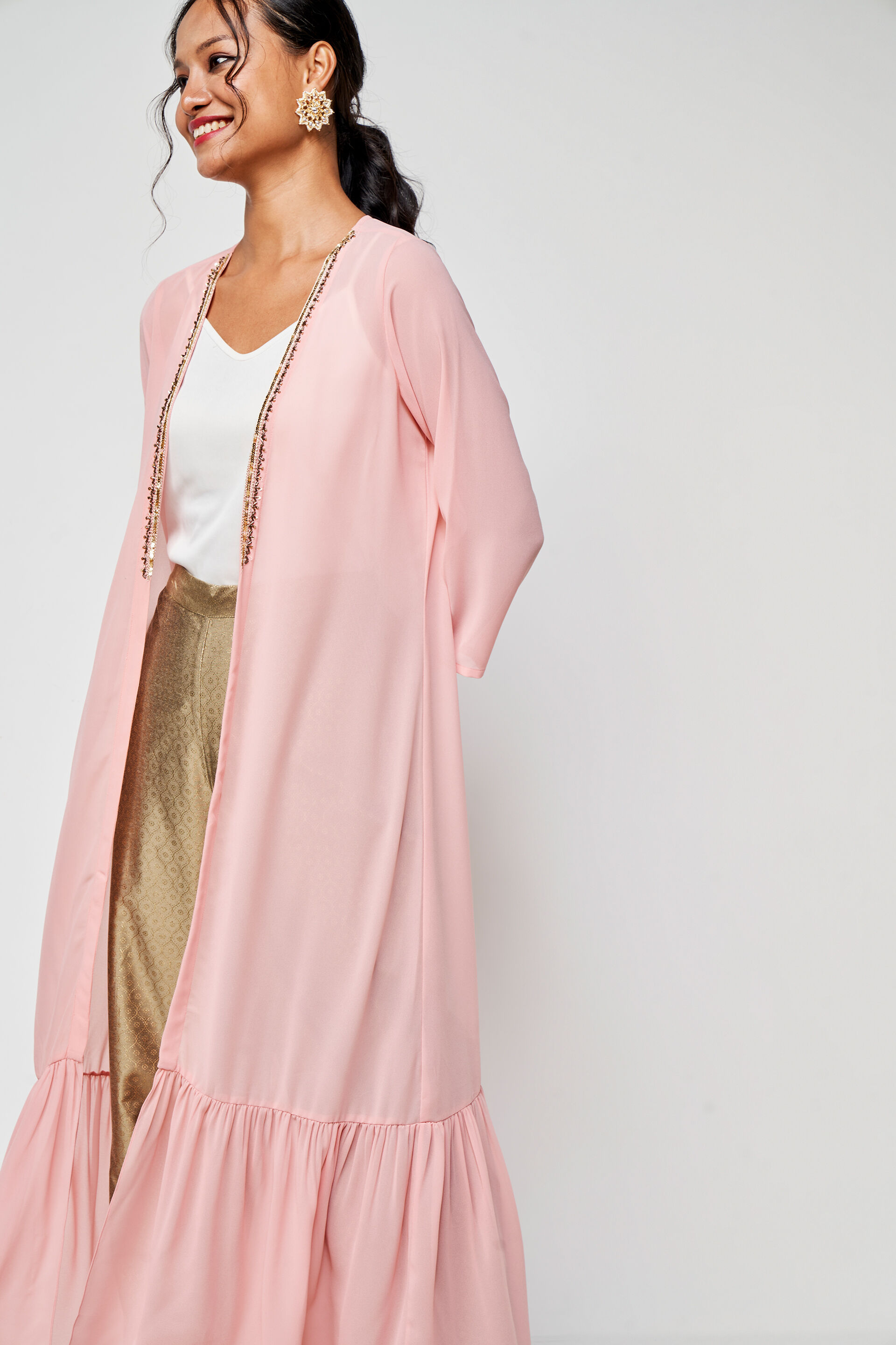 Buy Pink Solid Embroidered Shirt Style Shrug Online for Women from