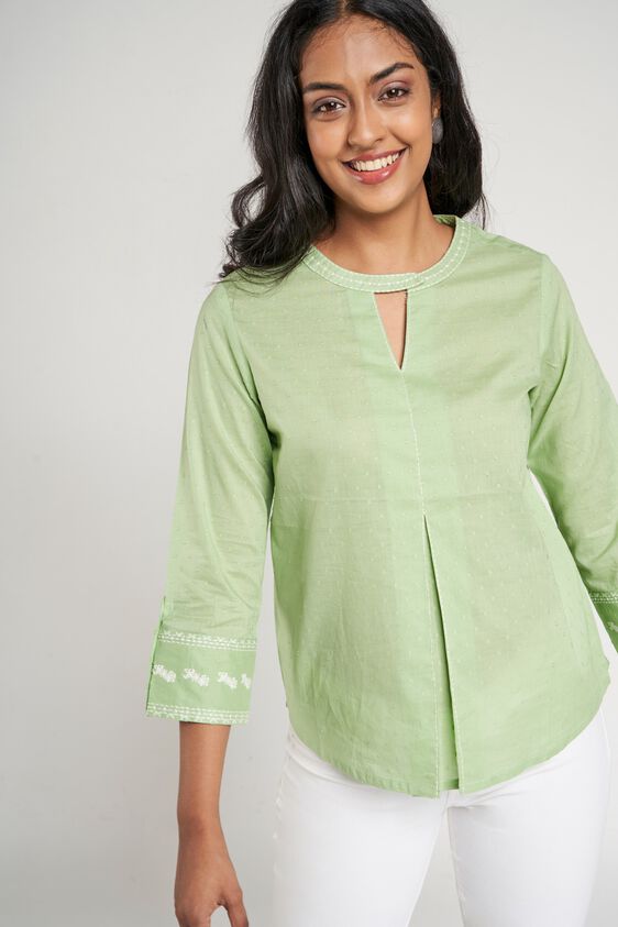 1 - Sage Green Self Design Embroidered A-Line Top, image 1