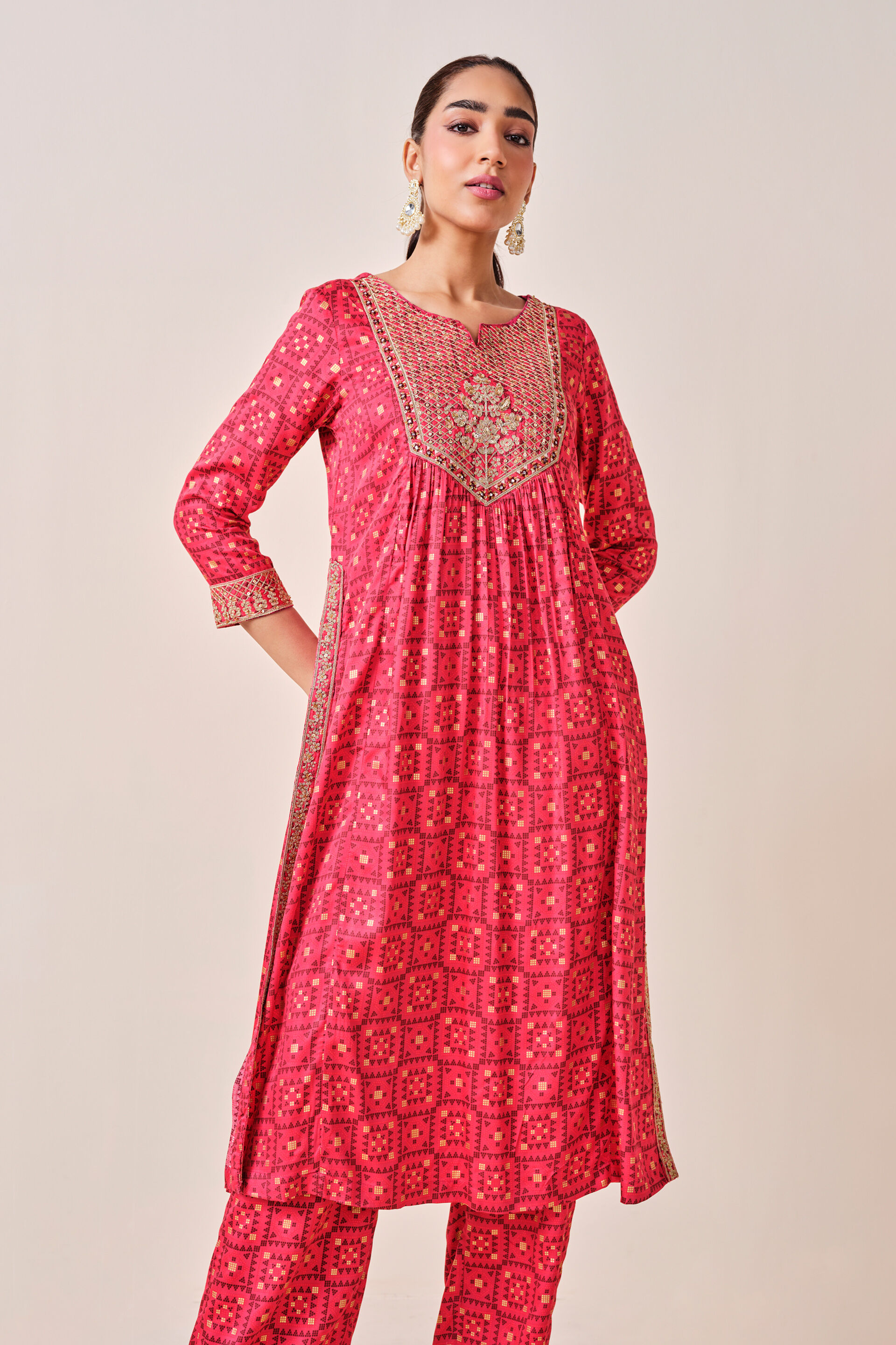 Red India-Inspired Print Viscose Kurta Set, Red, image 6