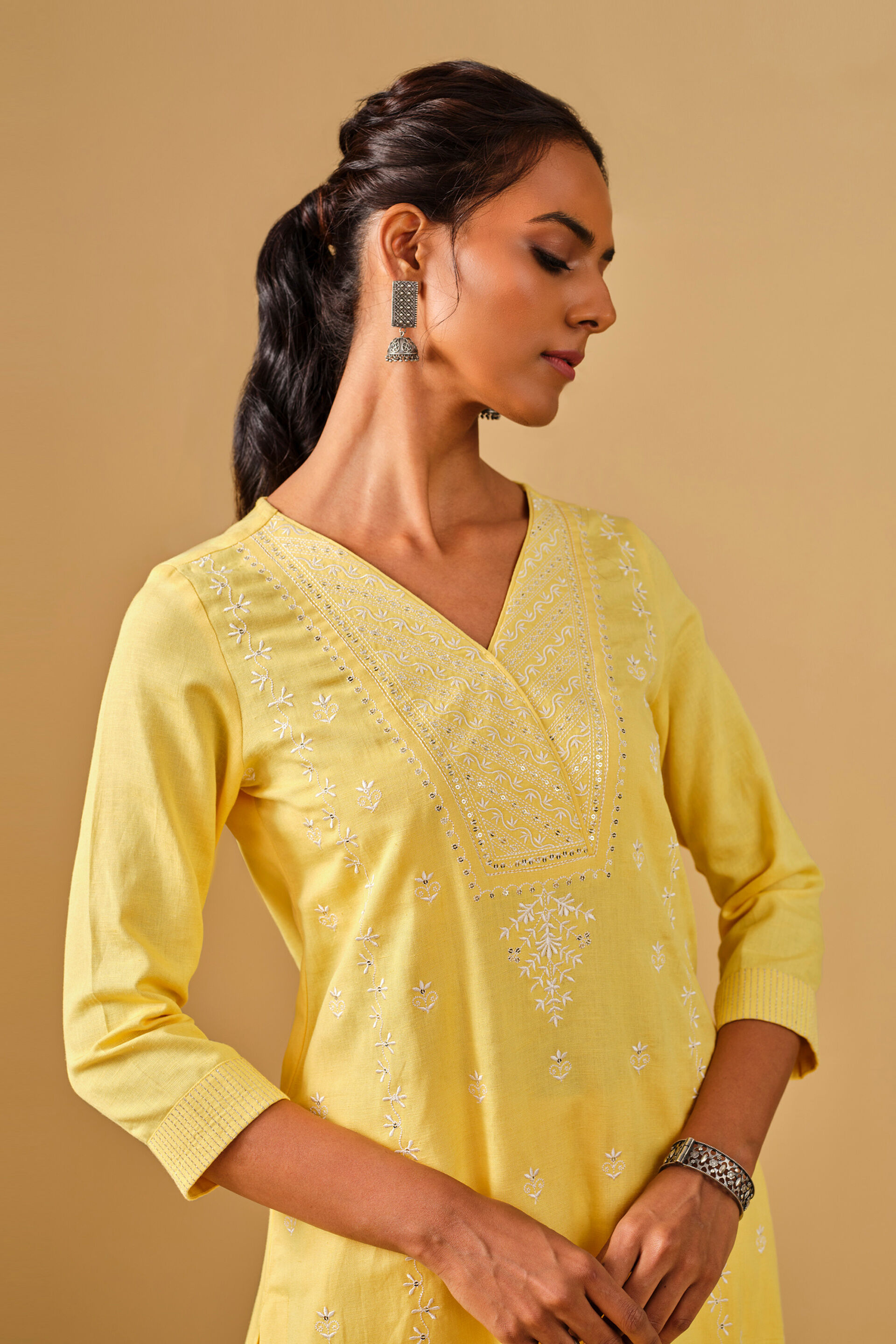 Bright Yellow Embroidered Kurta Set, Yellow, image 5