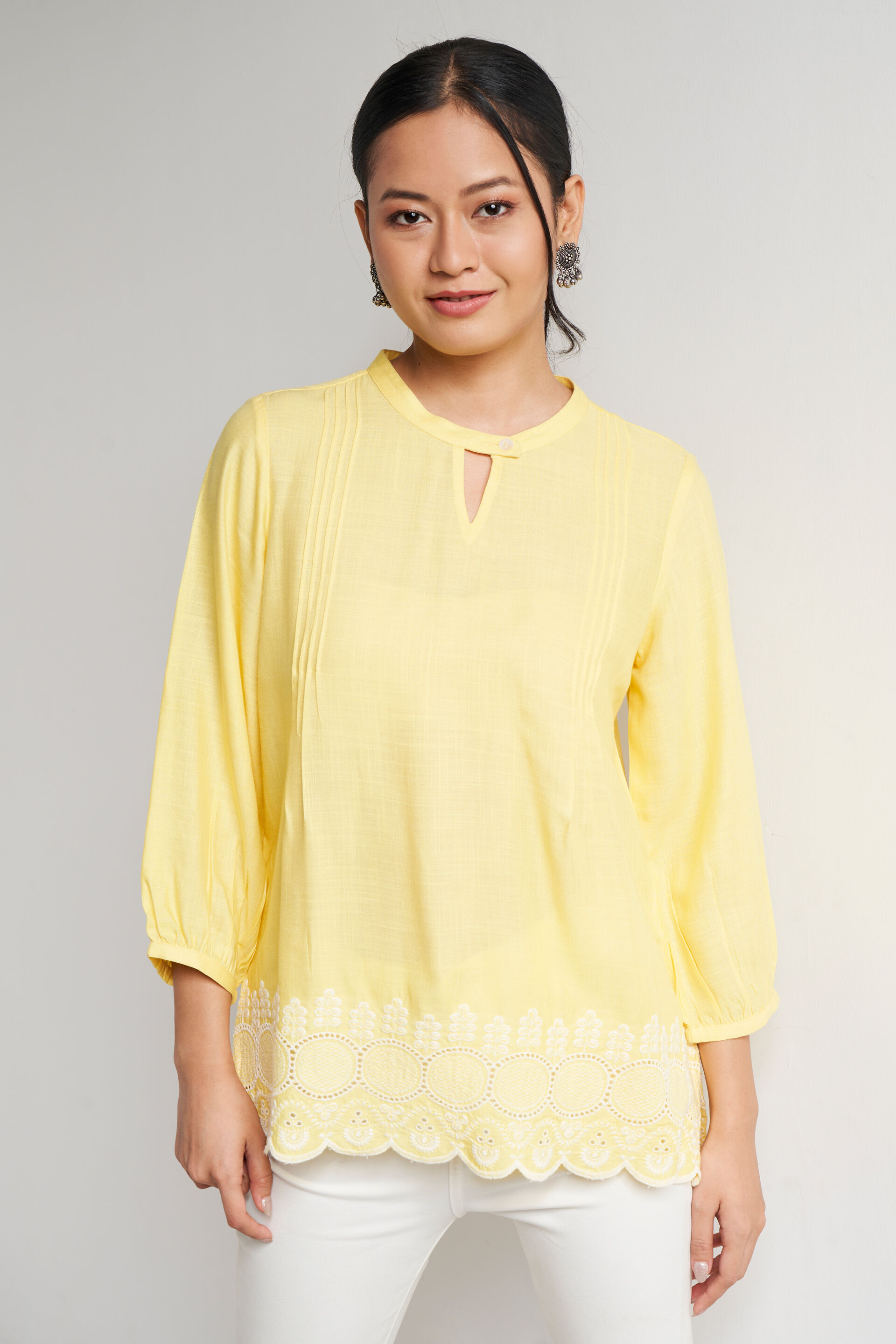 Yellow Solid Gathered Straight Top, Yellow, image 3