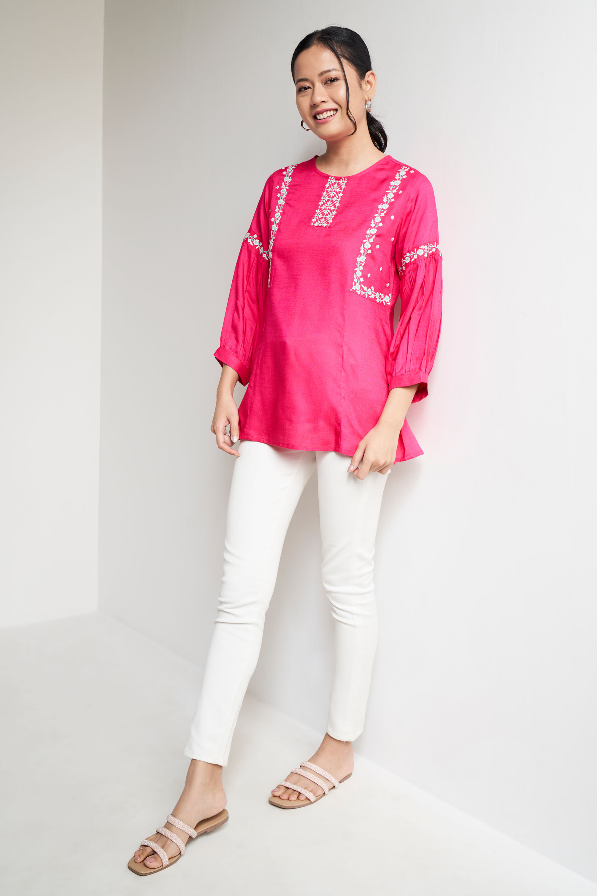 Dark Pink Solid Embroidered Straight Top, Dark Pink, image 2