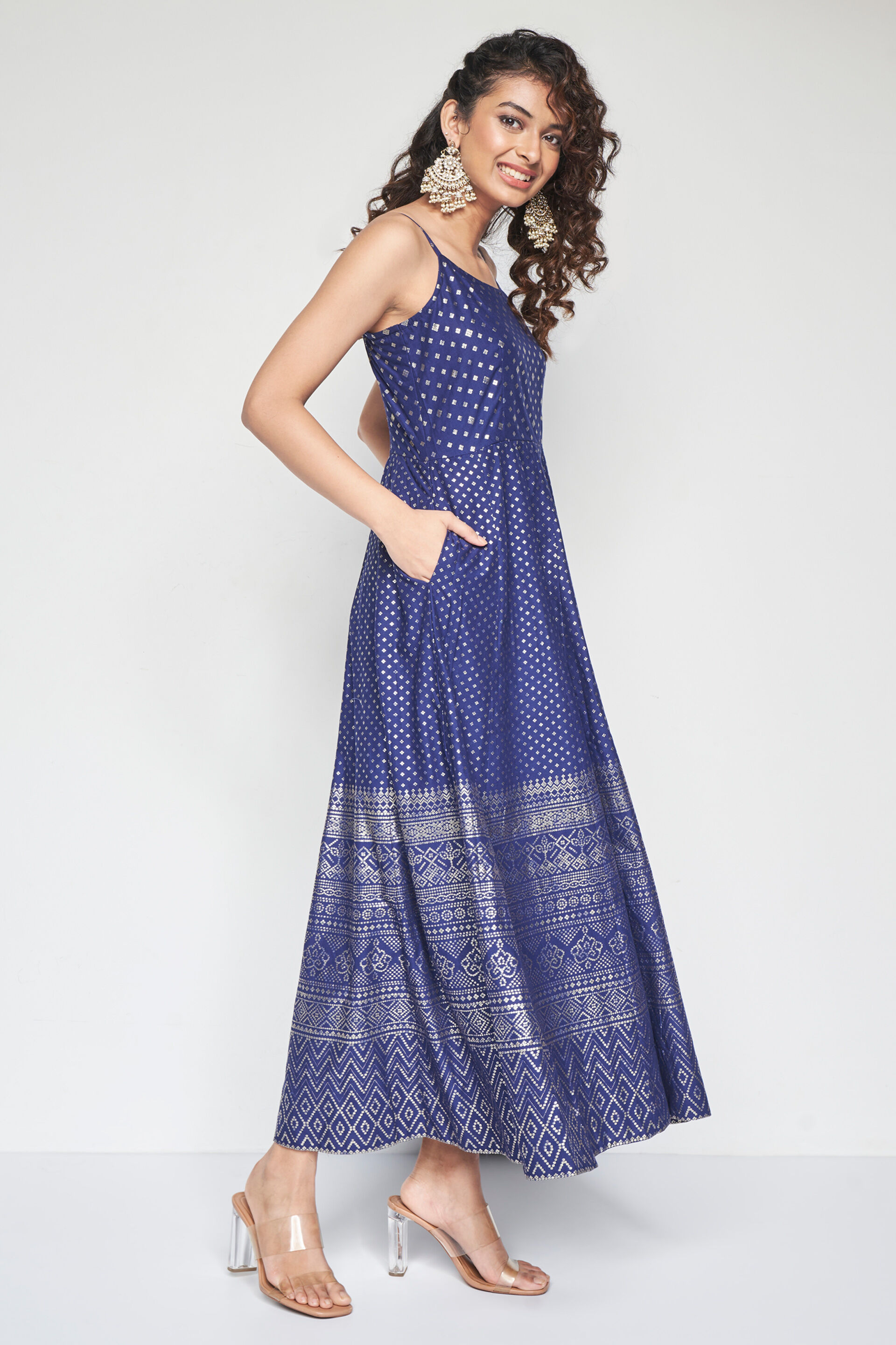 Buy our Dark Blue Foil Print Flared Maxi online from globaldesi.in