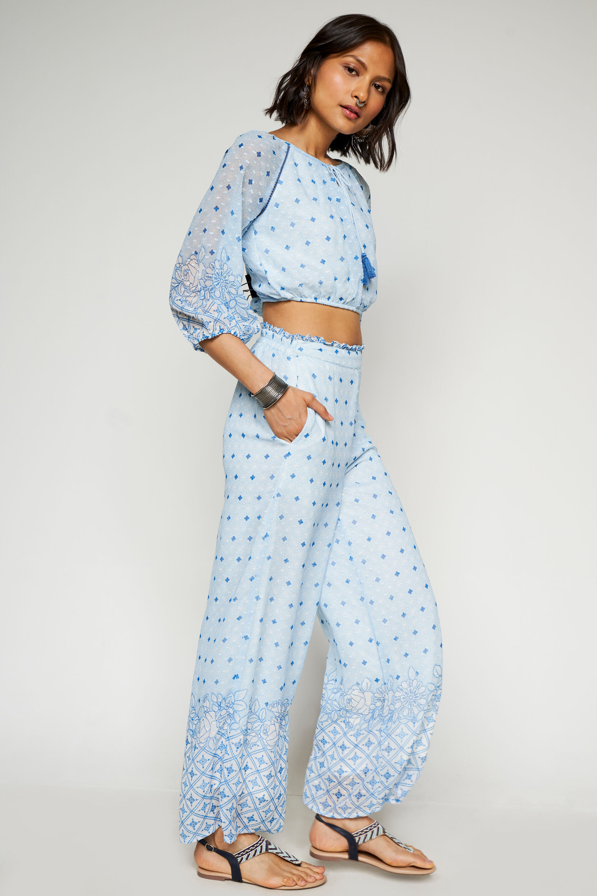 Light Blue Geometric Lace Cropped Set, Light Blue, image 2
