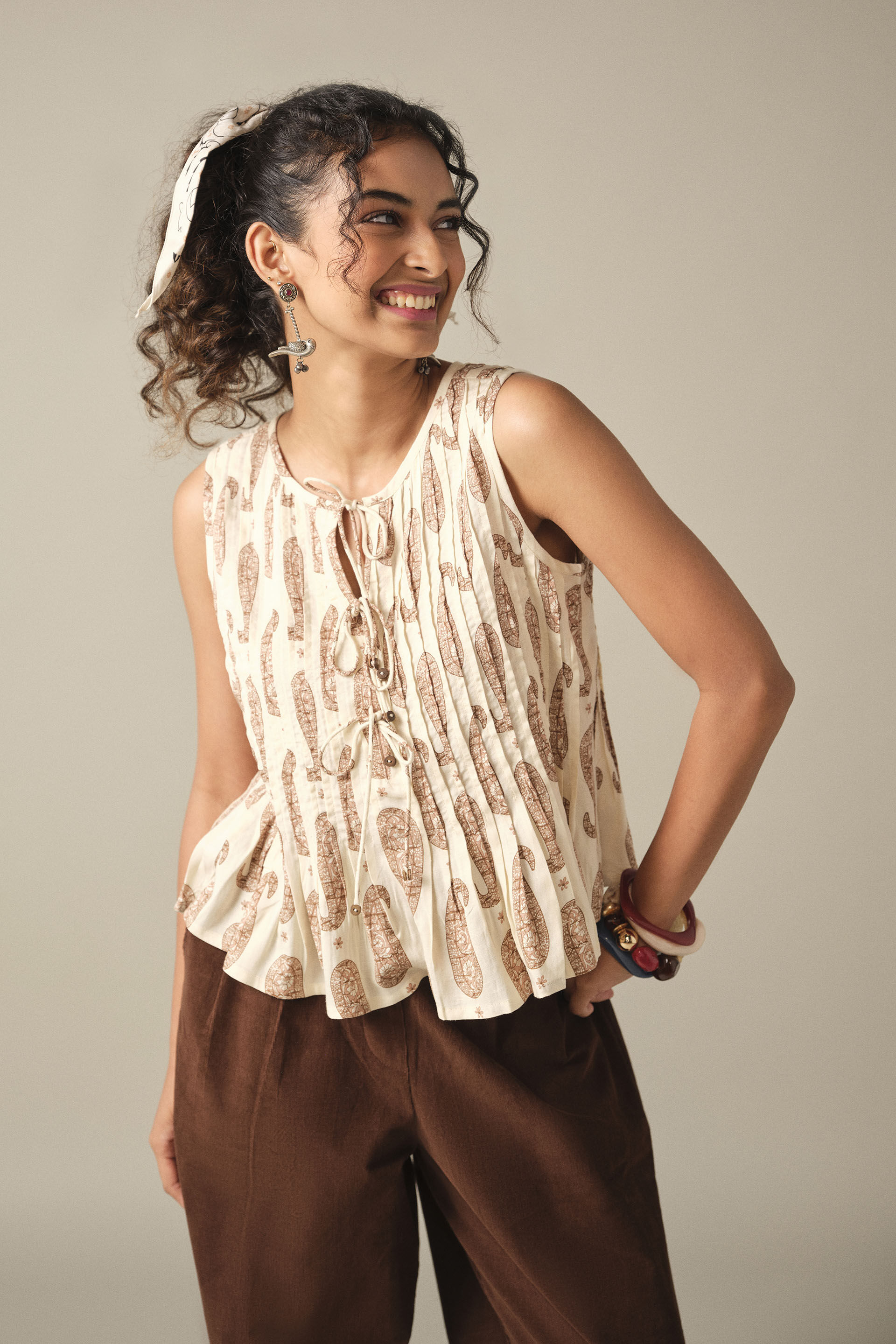Cream Printed Tie-Up Crop Top
