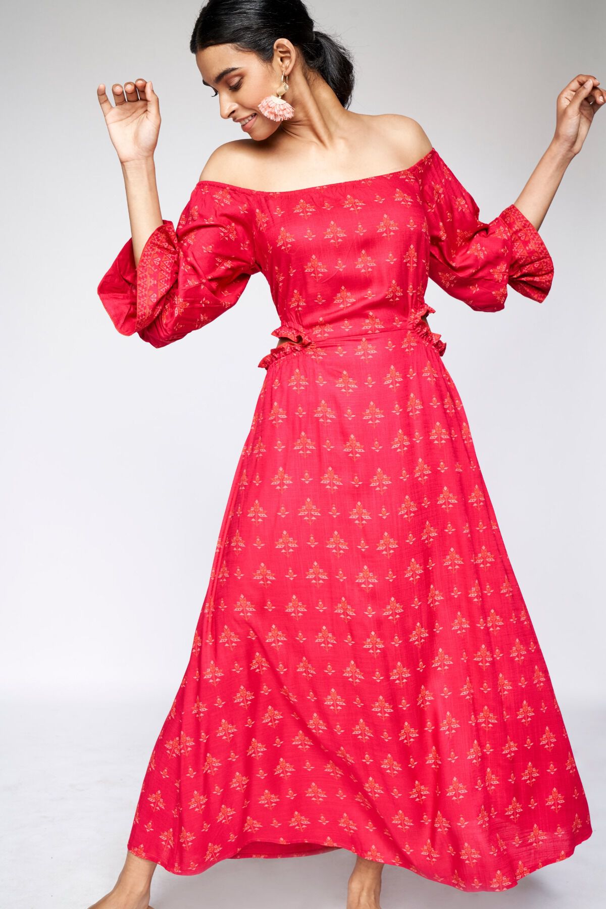 Hot Pink Ethnic Motifs Cut Out Gown 