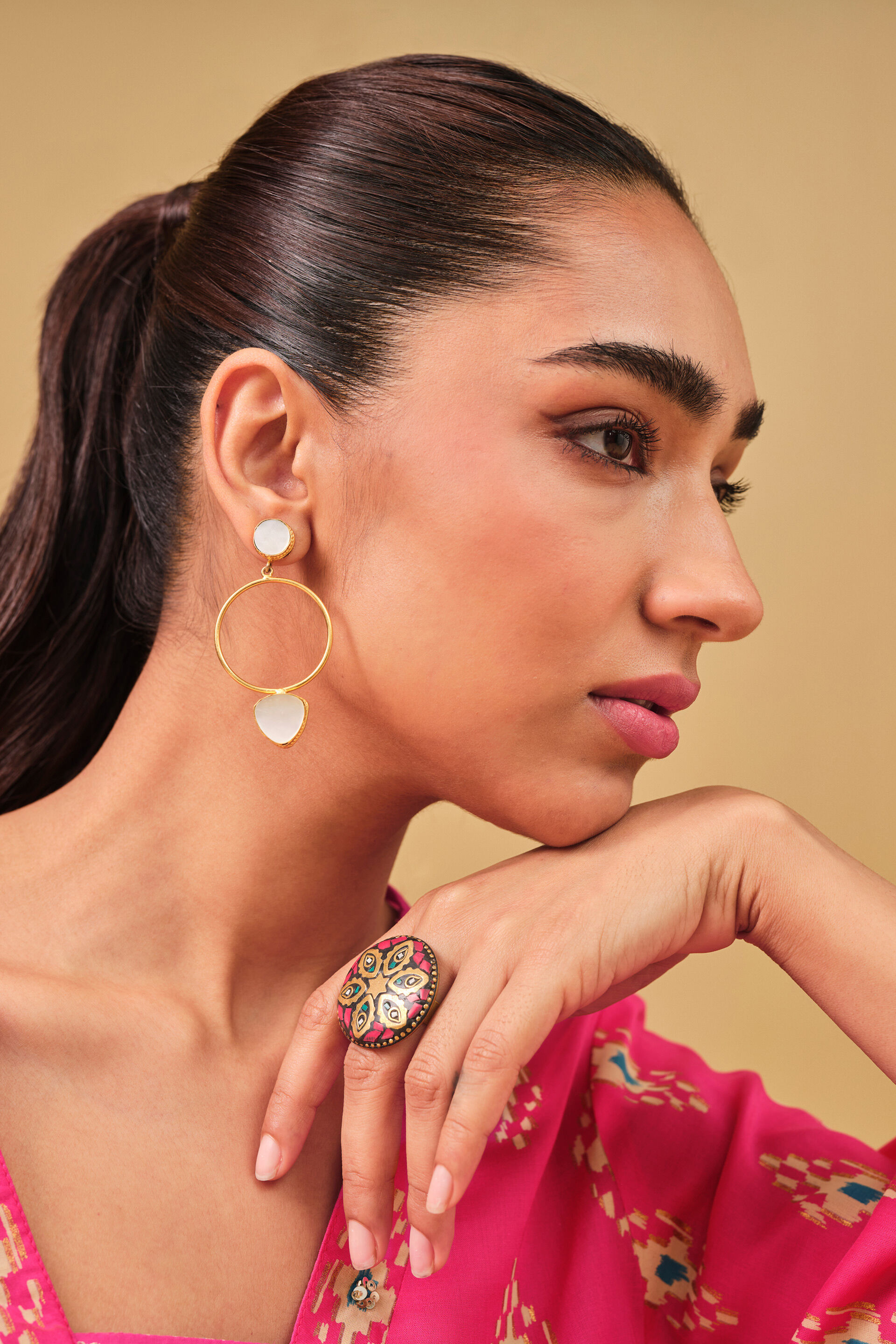 Ikat Inspired Pink Viscose Kurta Set, Pink, image 8