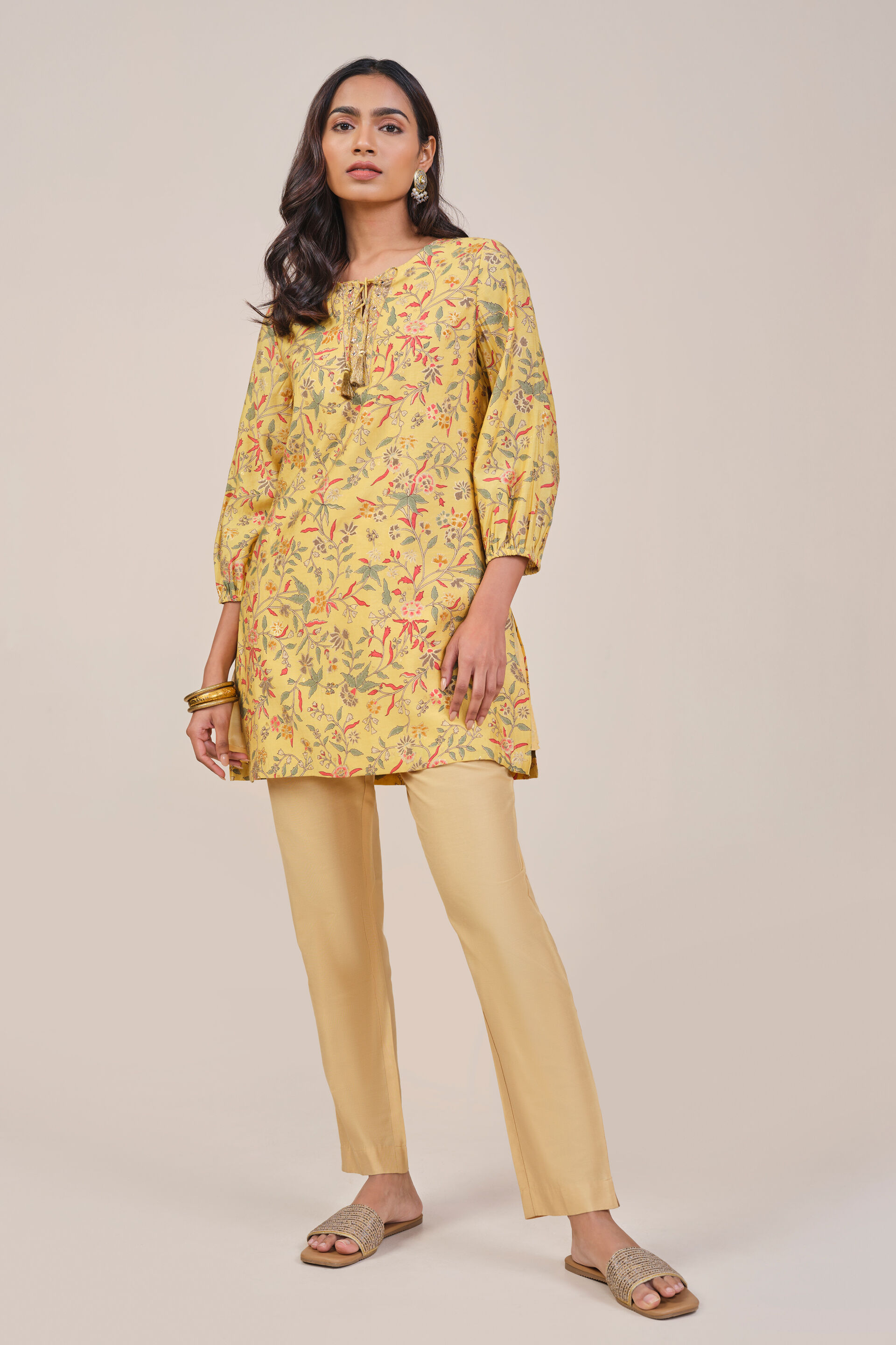 Yellow Floral Print Tasseled Top, Yellow, image 2