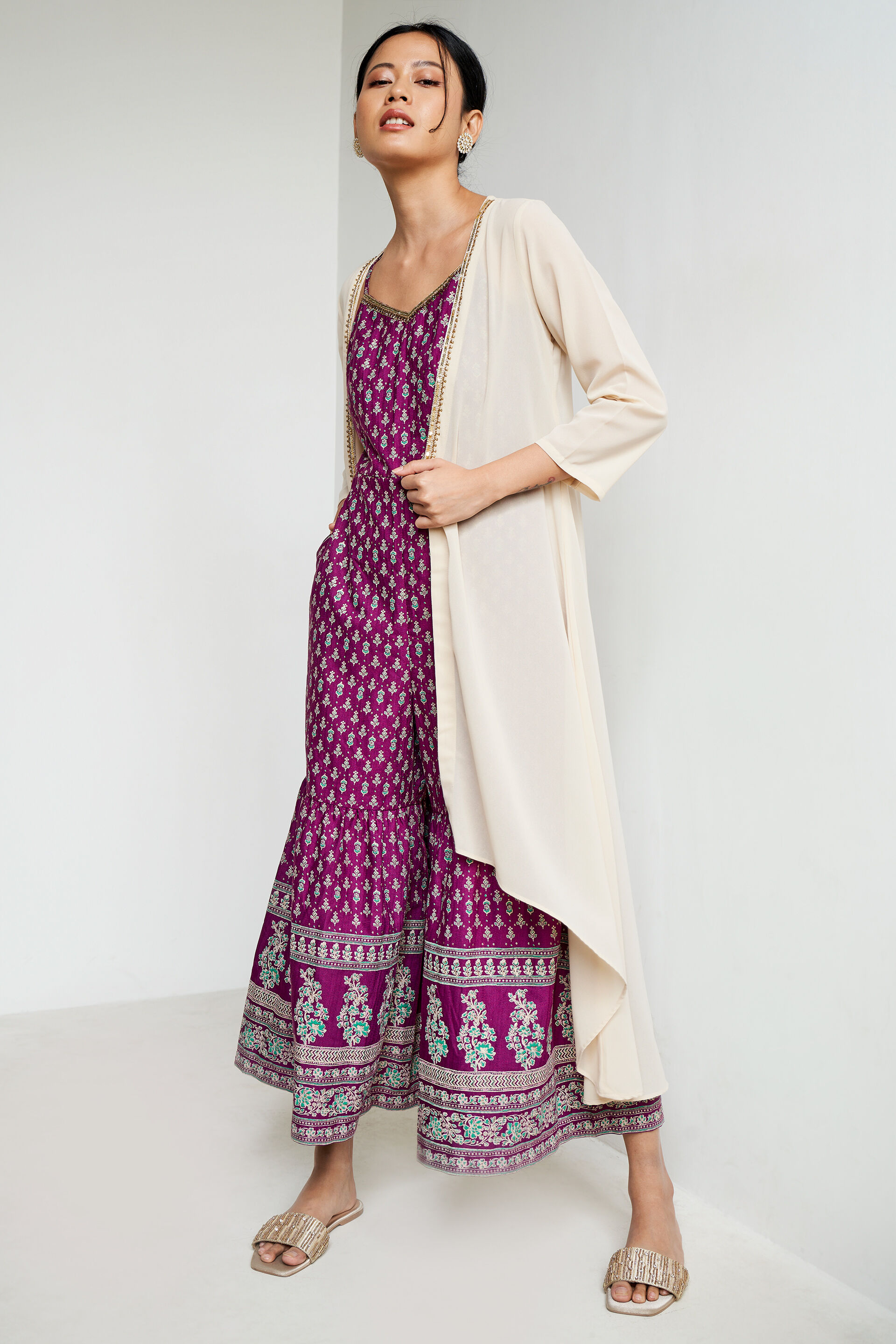 Beige Solid Embroidered Shirt Style Shrug, Beige, image 2