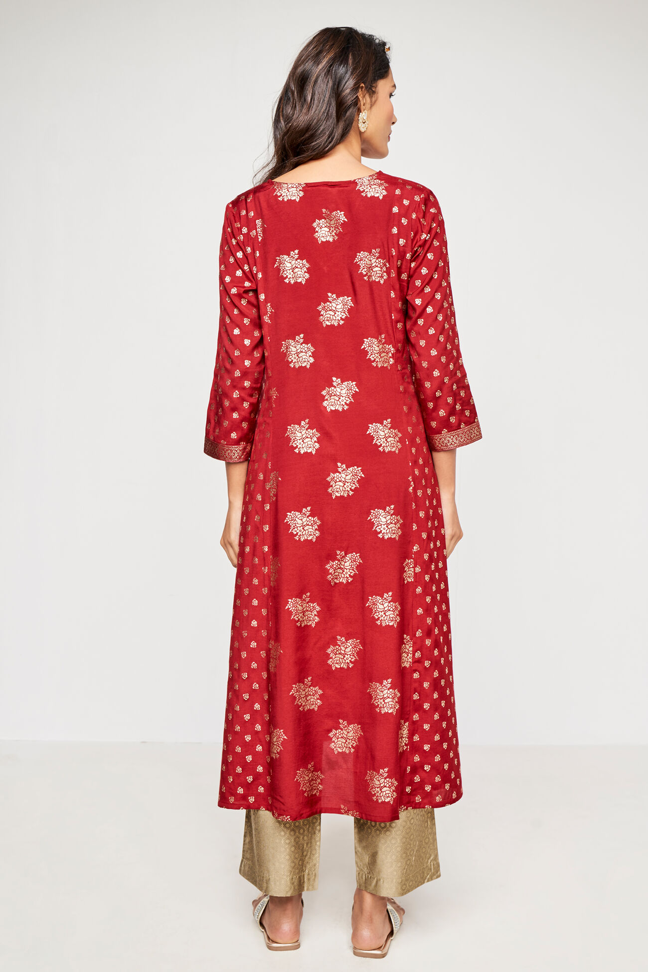 Red Foil Print Flared Slip-On Kurta, Red, image 5