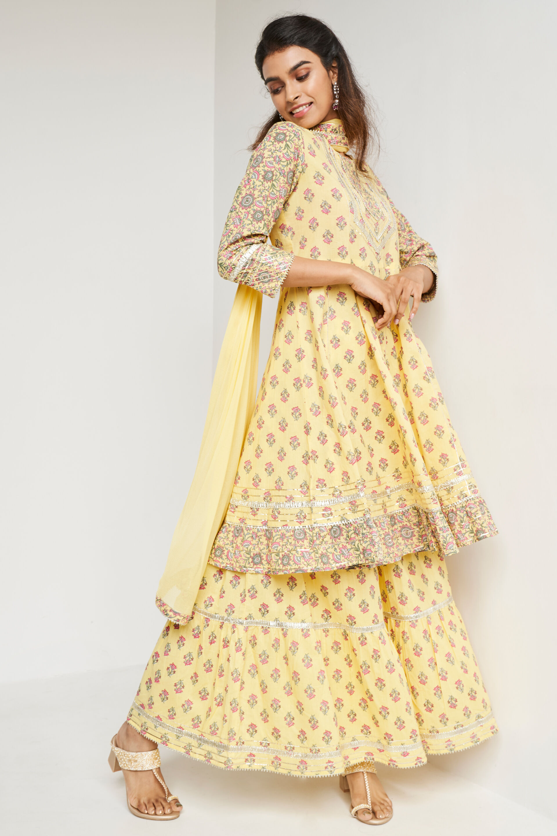 Yellow Ethnic Motifs Flared Suit, Yellow, image 3