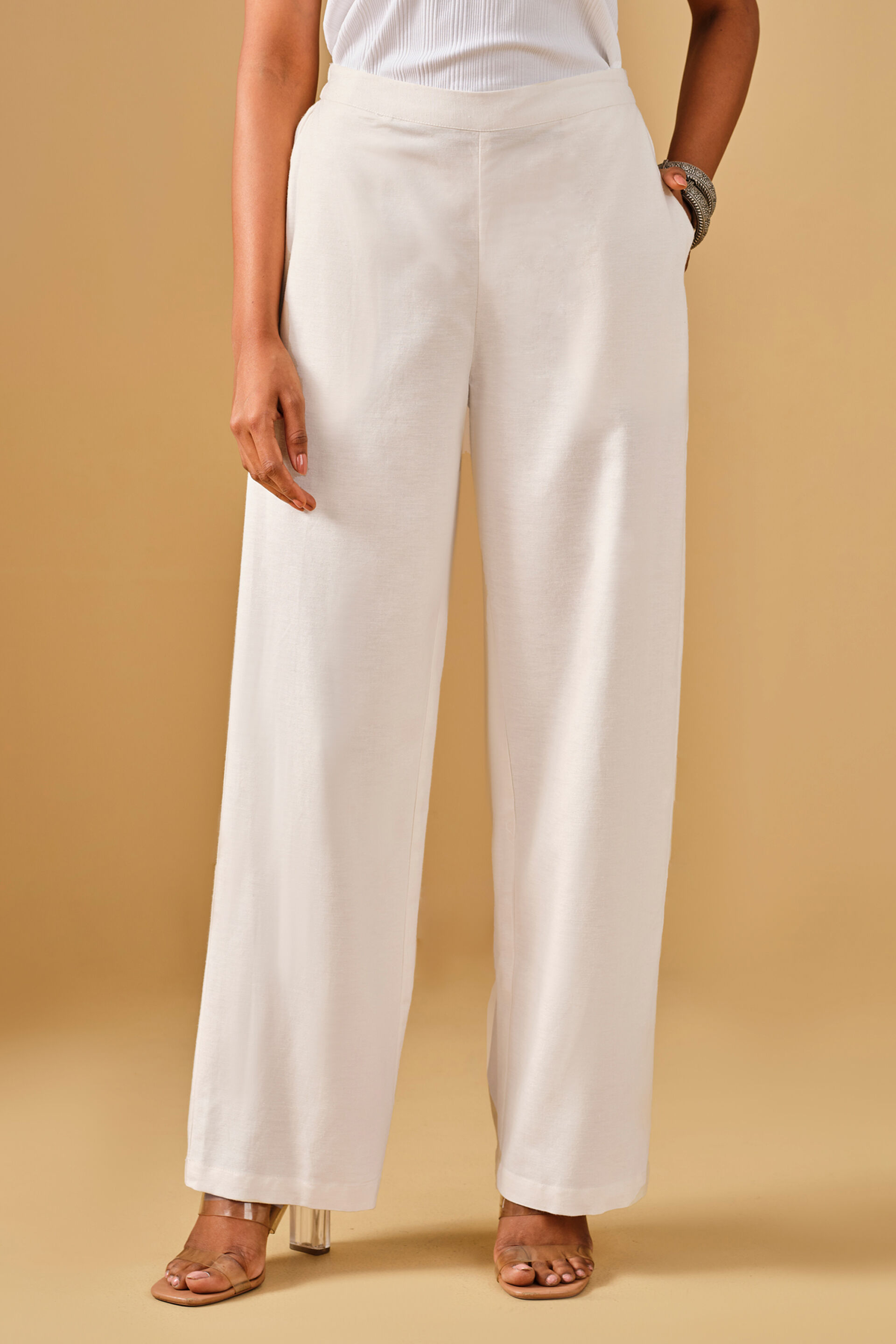 Off white Viscose Blend Wide Leg Pants