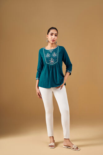 Floral Embroidered Teal Top, Teal, image 6