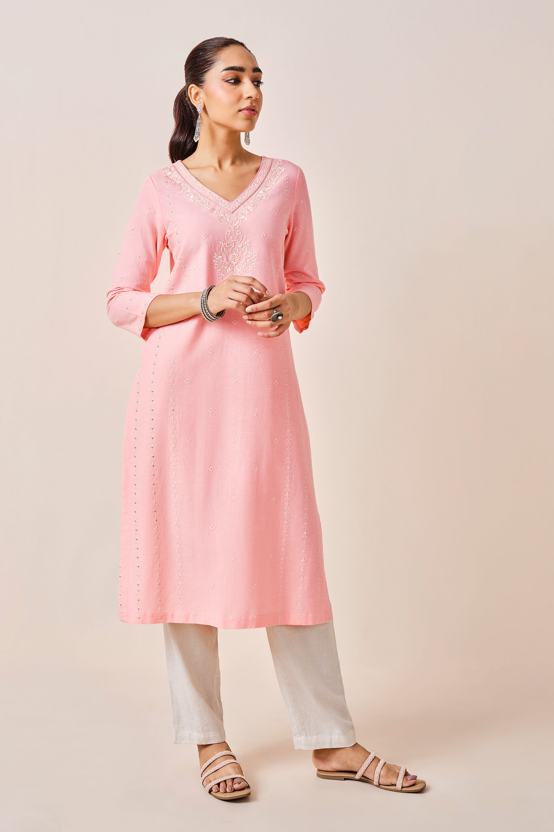 Coral Printed Rayon Linen  Blend Kurta, Coral, image 3
