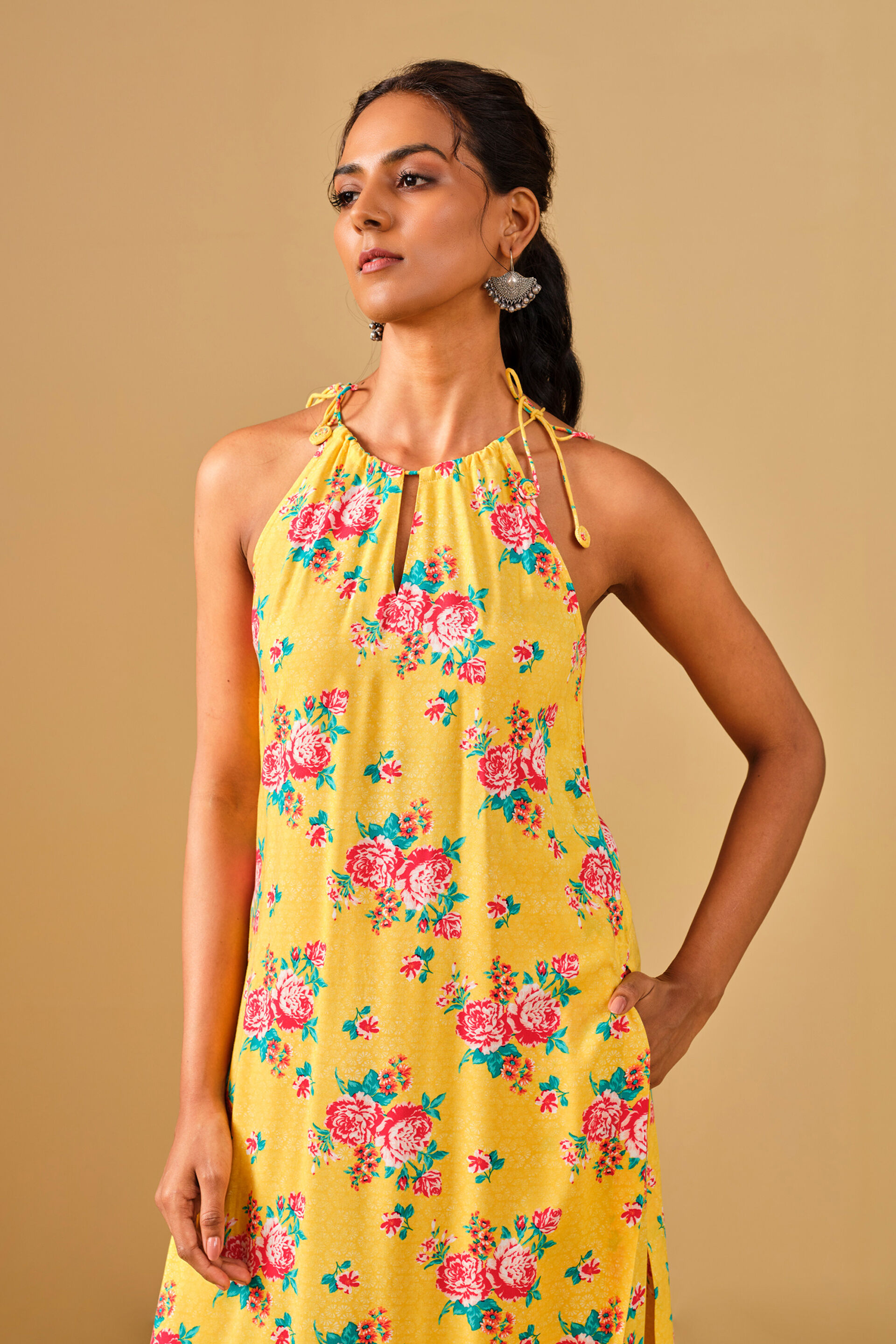 Floral Print Yellow Viscose Kurta Set, Mustard, image 6