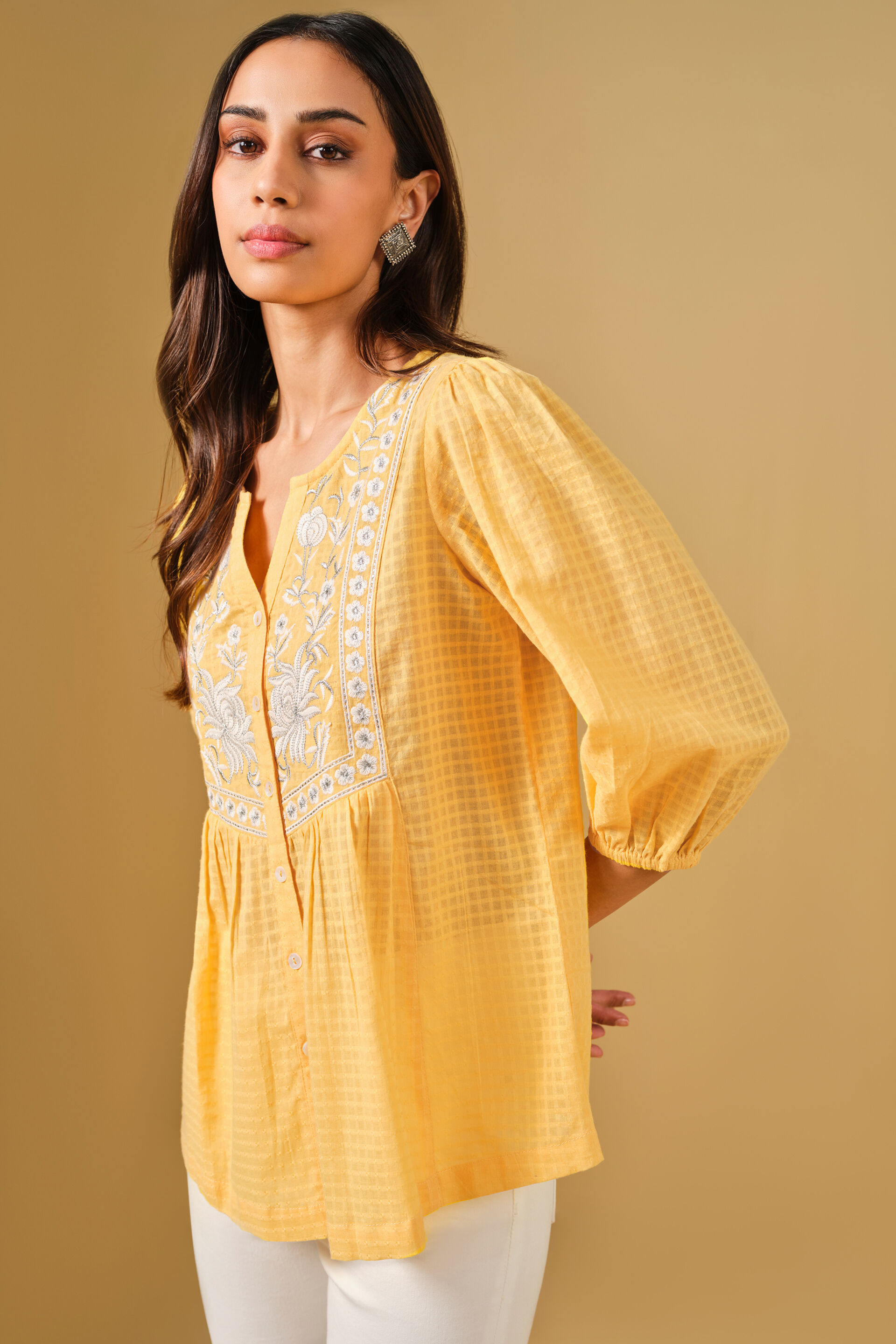 Floral Embroidered Yellow Viscose Top, Yellow, image 5