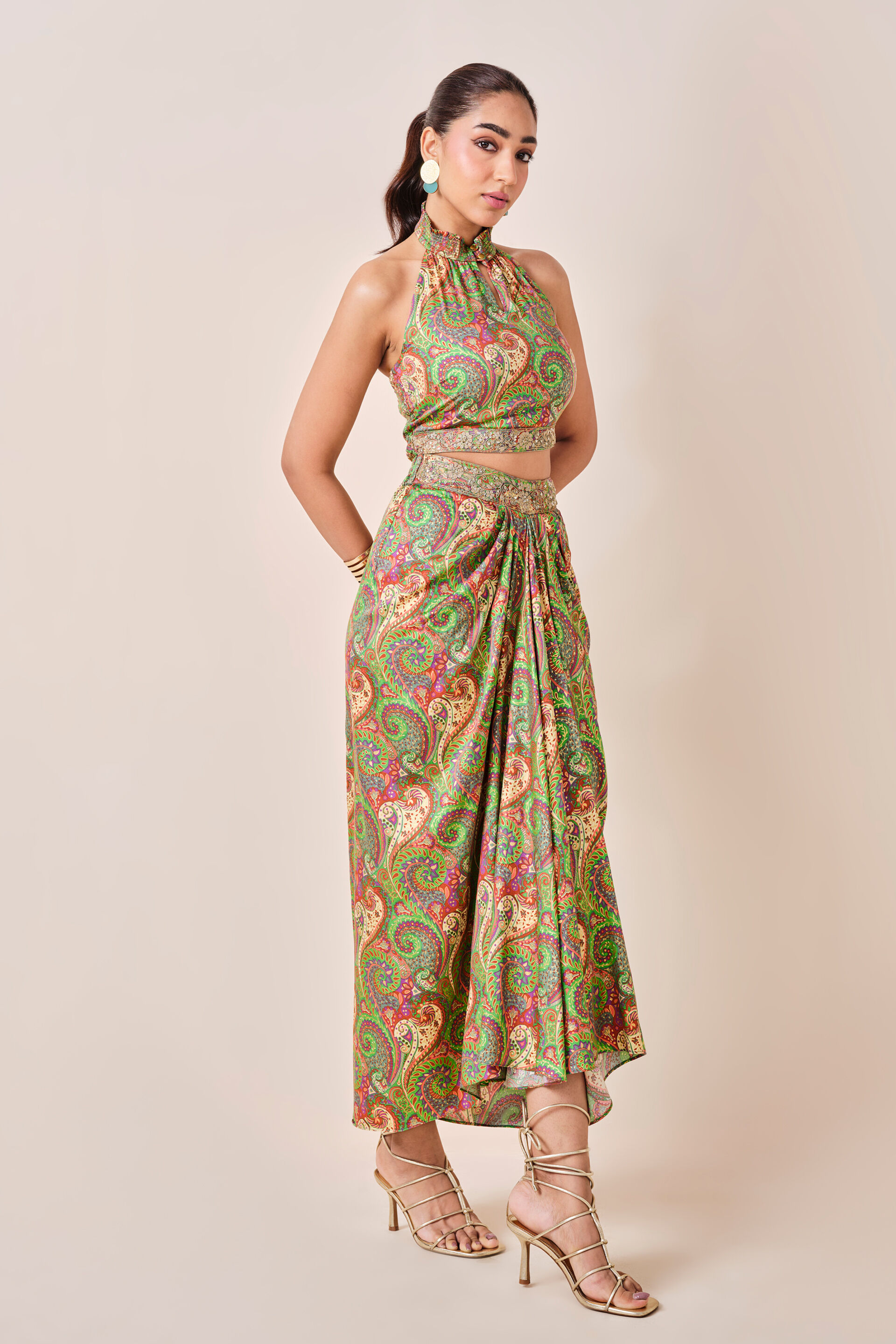 Green Motif Print Drape Skirt Set, Green, image 6
