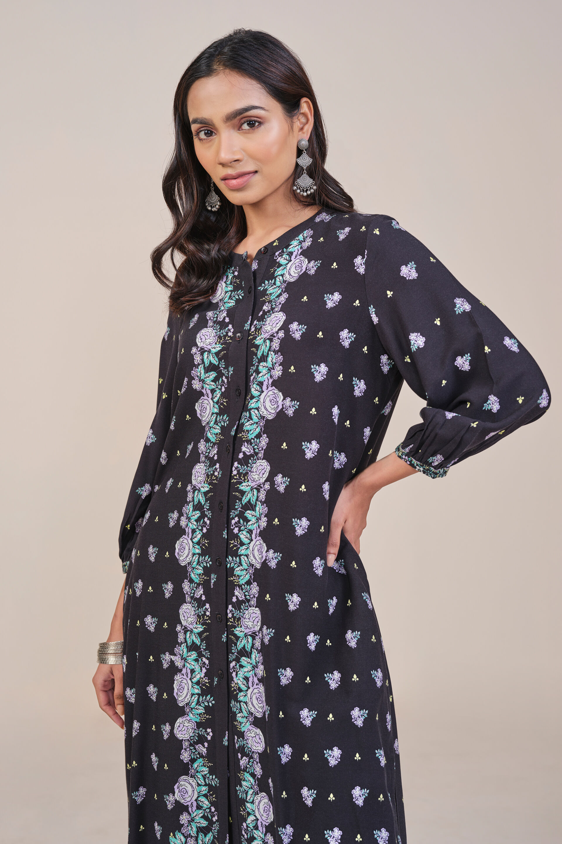 Black Placement Print Kurta, Black, image 4