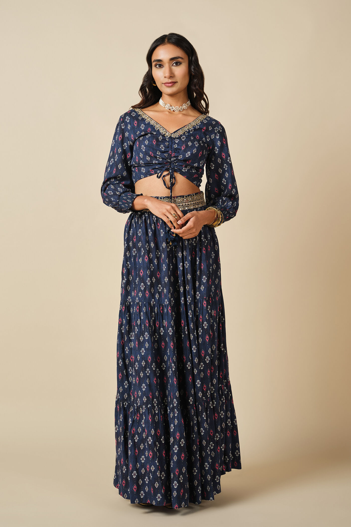 Navy Tie-up Top & Skirt Set