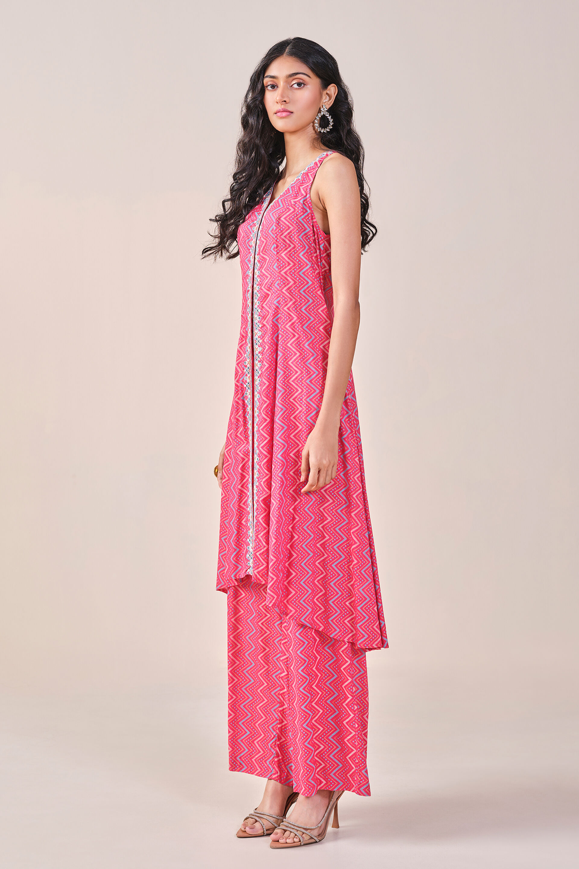 Pink Chevron Print Viscose Kurta Set, Pink, image 6
