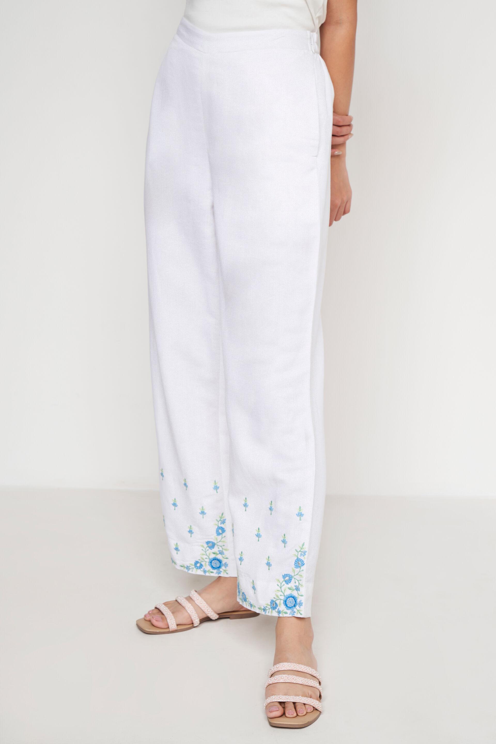 White Solid Embroidered Bottom, White, image 2