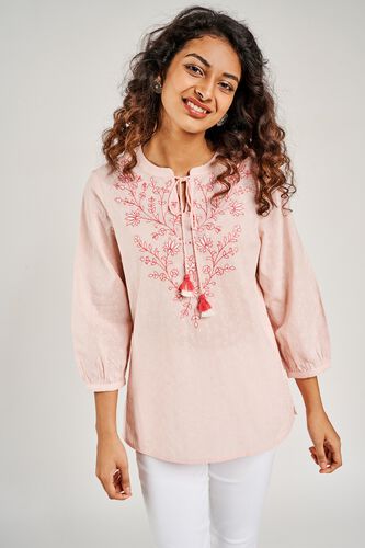1 - Pink Self Design Embroidered Tie-Up Top, image 1