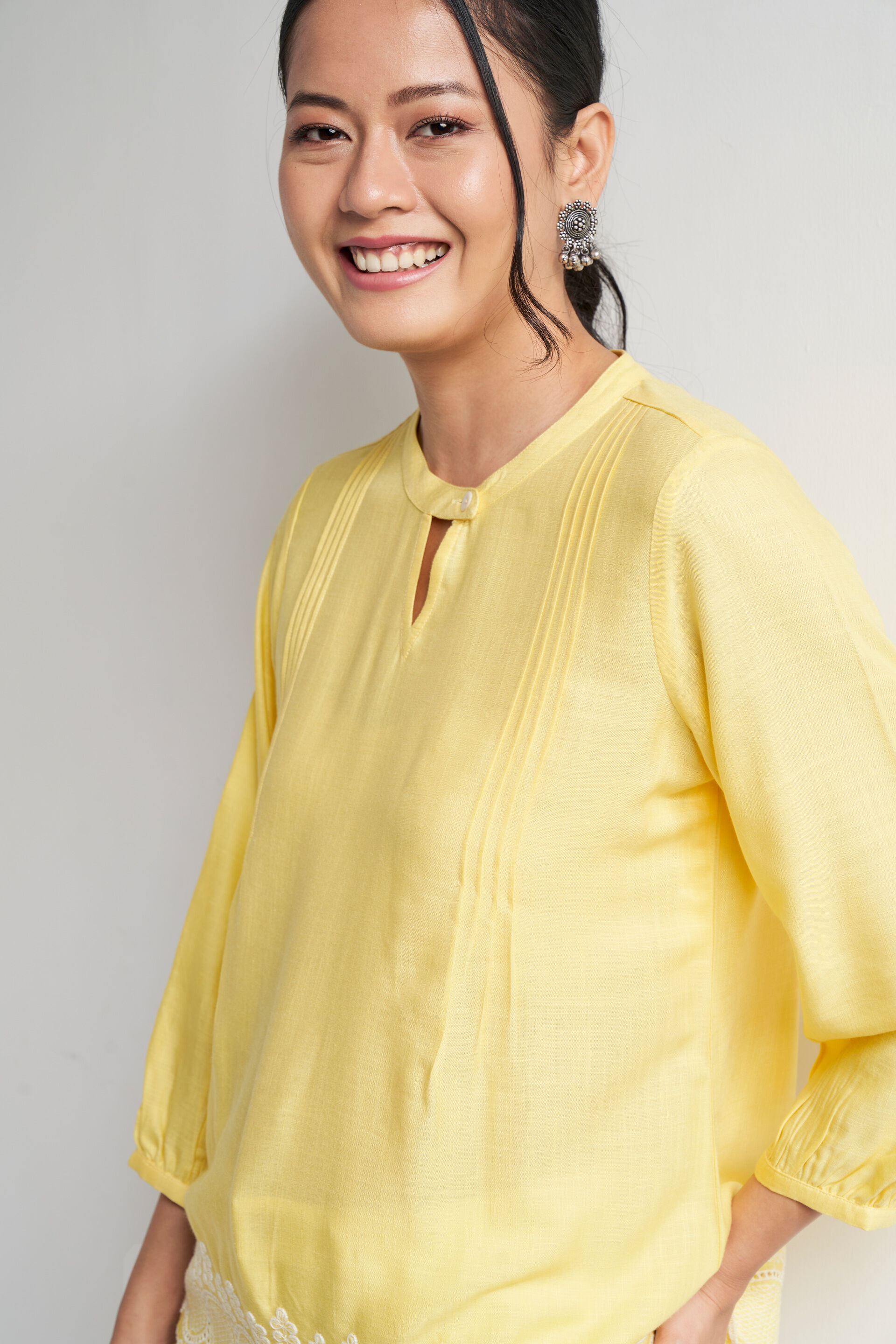 Yellow Solid Gathered Straight Top, Yellow, image 5