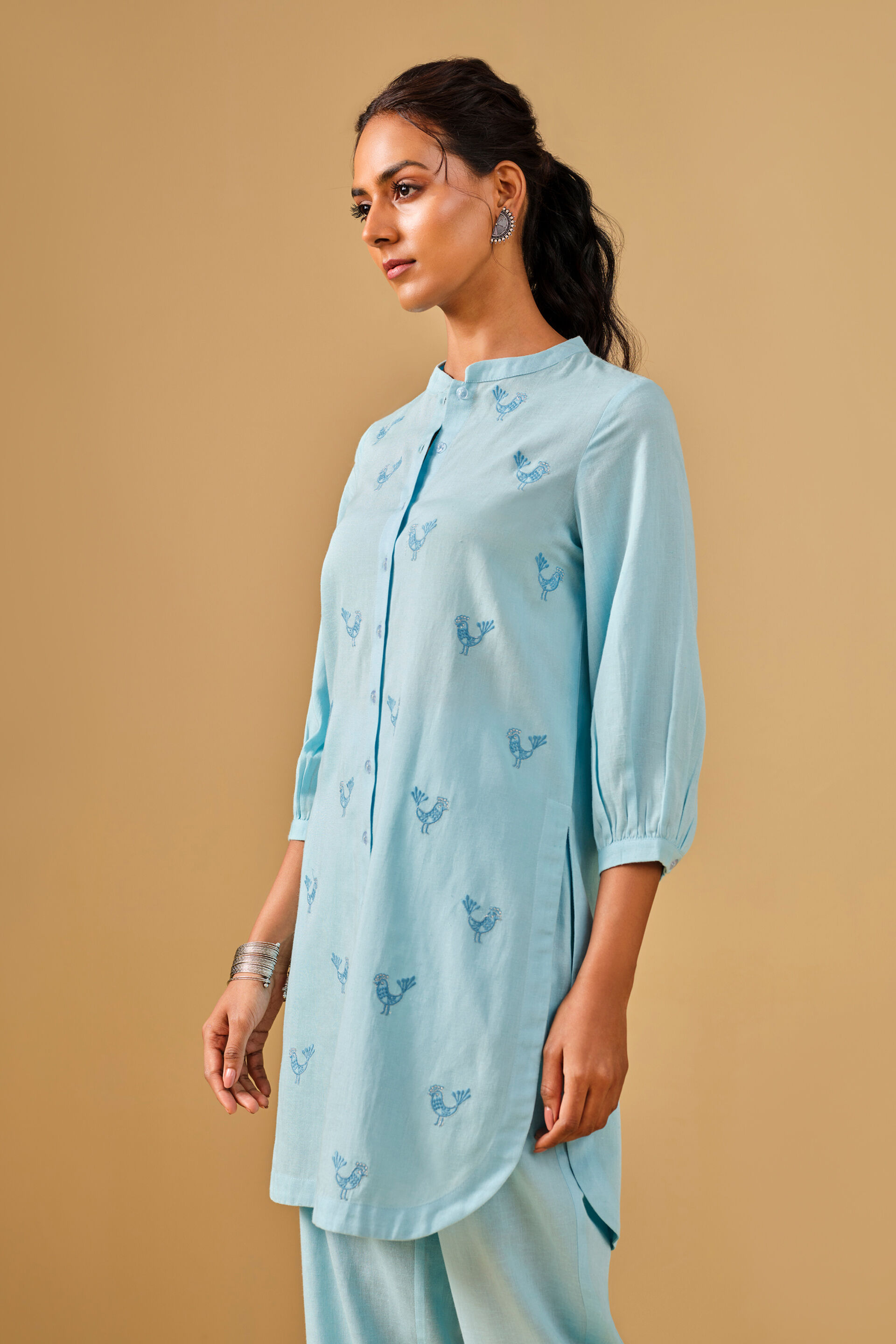 Embroidered Mandarin Collar Viscose Blend Blue Kurta Set, Blue, image 5
