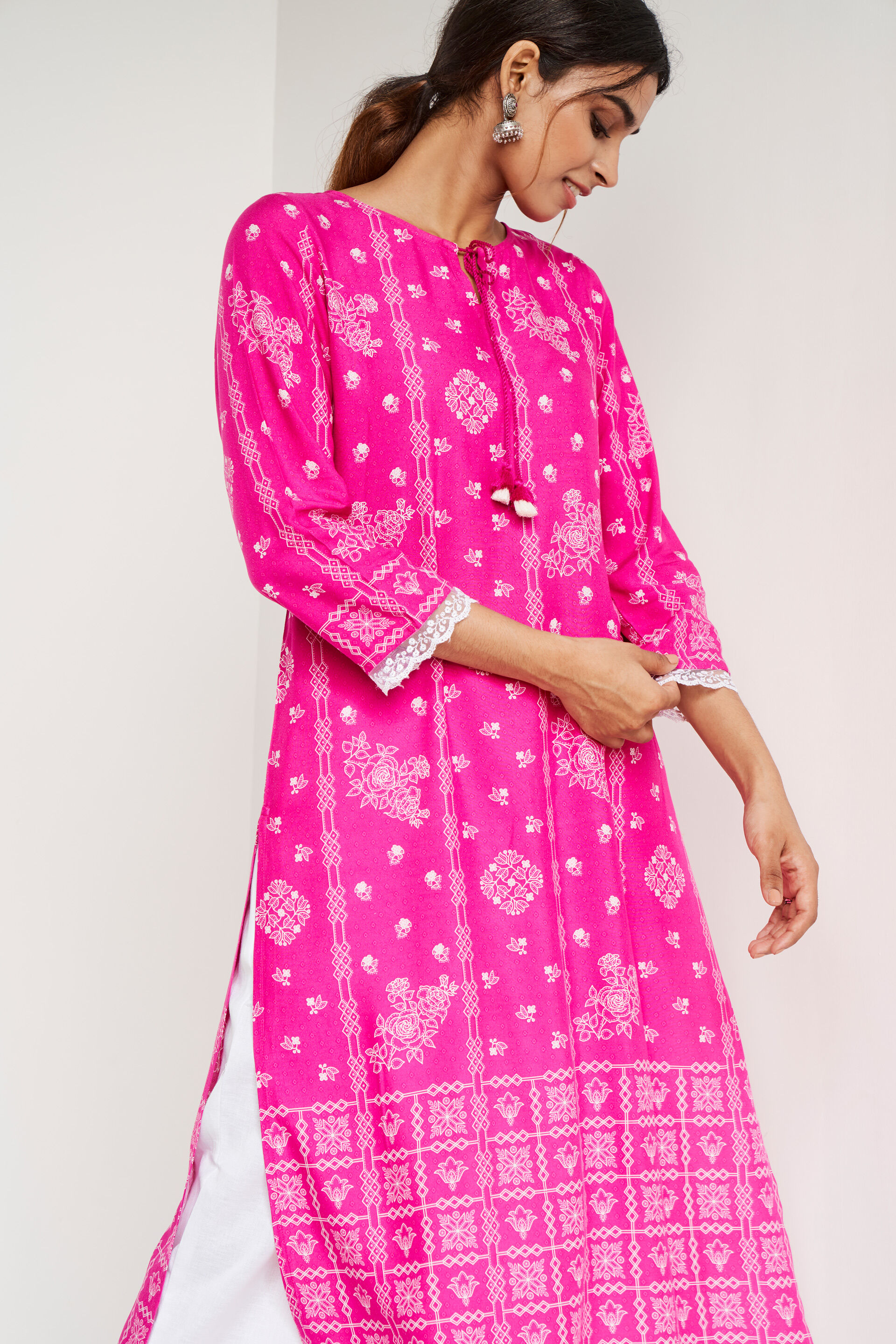 Global Desi Magenta Cotton Kurti | Tunic designs, Designer kurtis online,  Kurti designs
