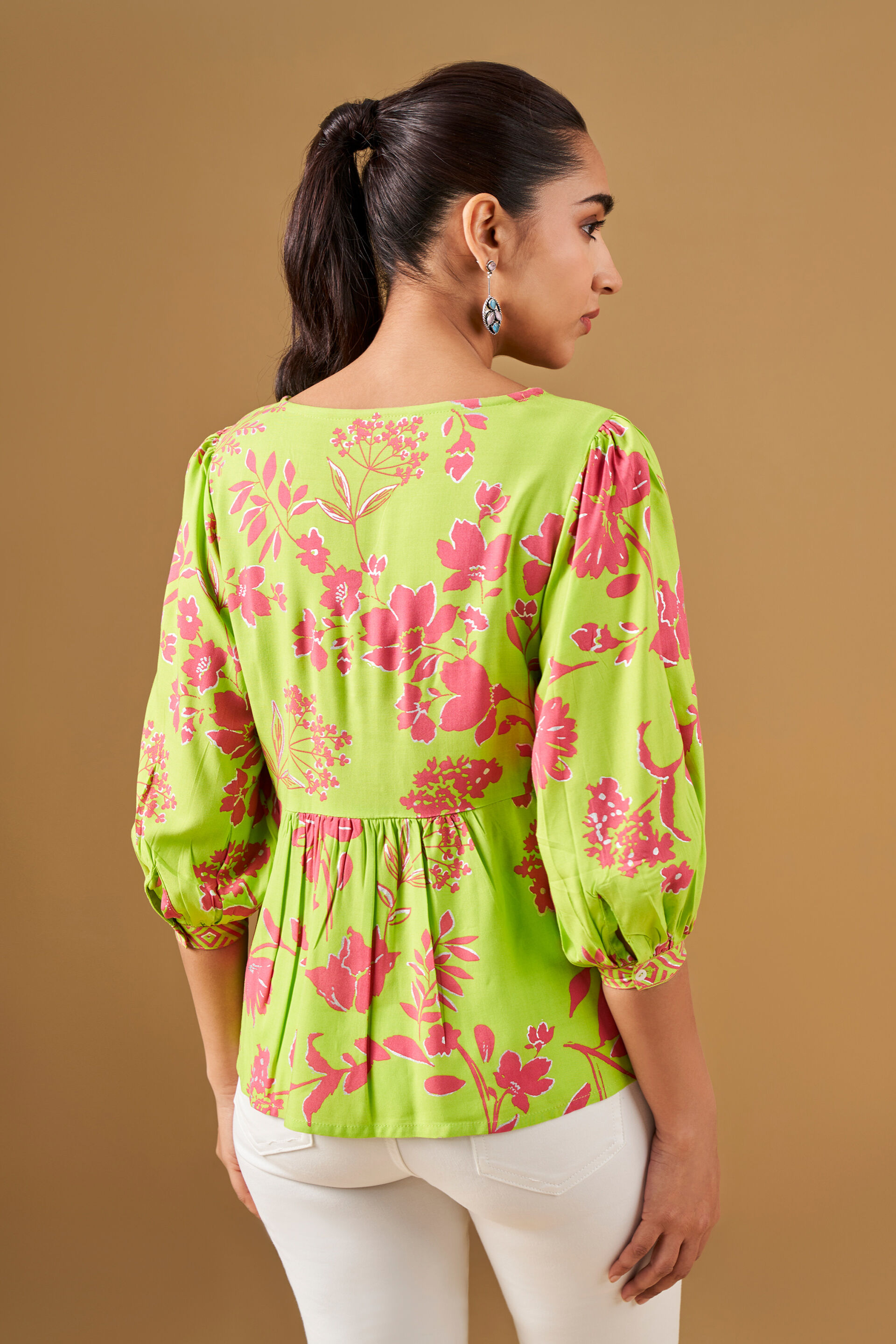 Bright Florals Viscose Peplum Top, Lime Green, image 4
