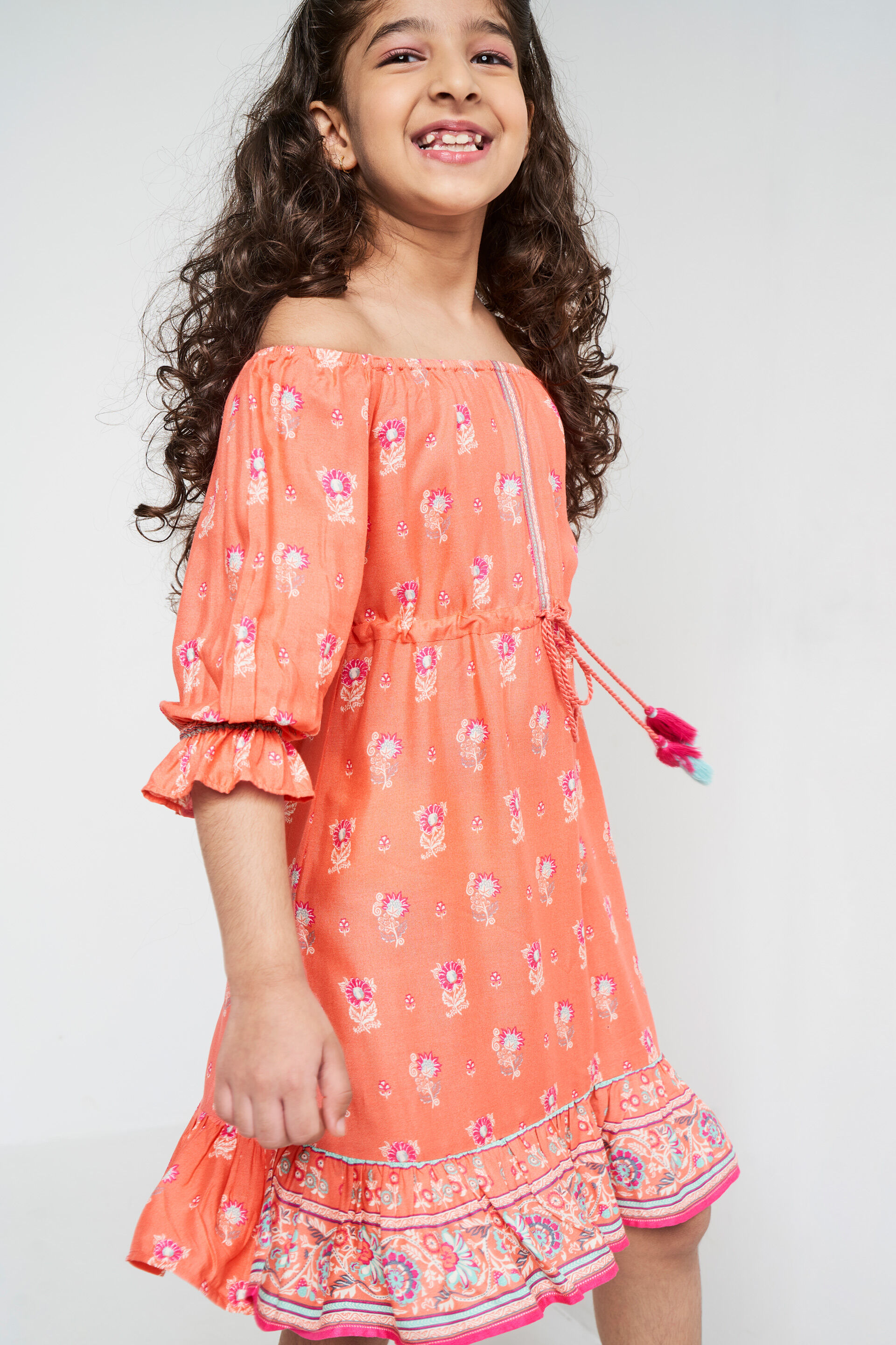 Coral Self Design Flounce Dress, Coral, image 4