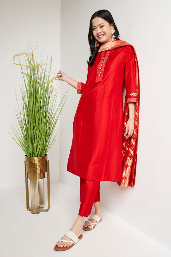 Red Ethnic Motifs Straight Suit, Red, image 4