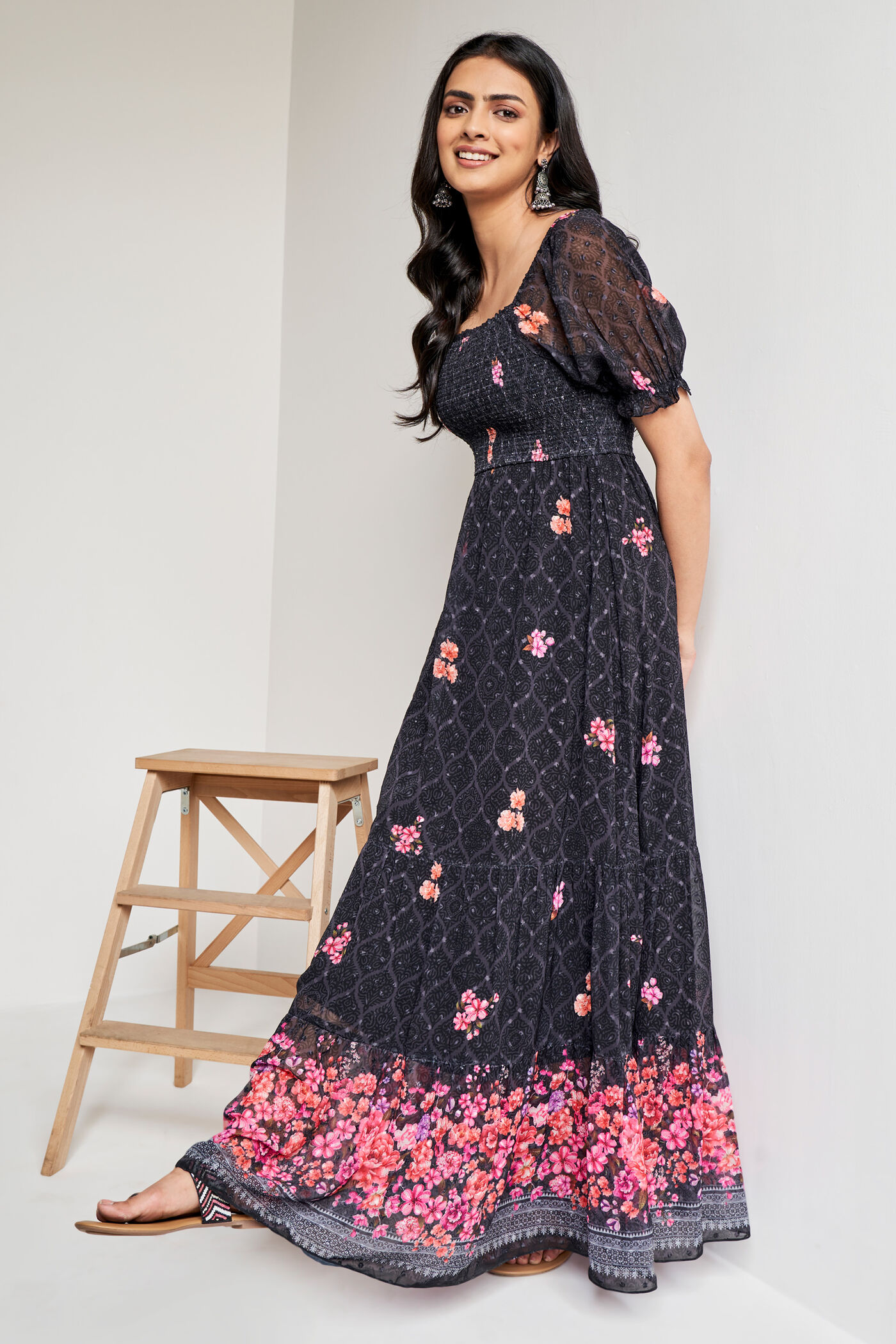 Buy Black Floral Flared Gown Online In India at Global Desi SS23GH240MXMD_Black Buy Black Floral Flared Gown Online In India at Global Desi SS23GH240MXMD_Black